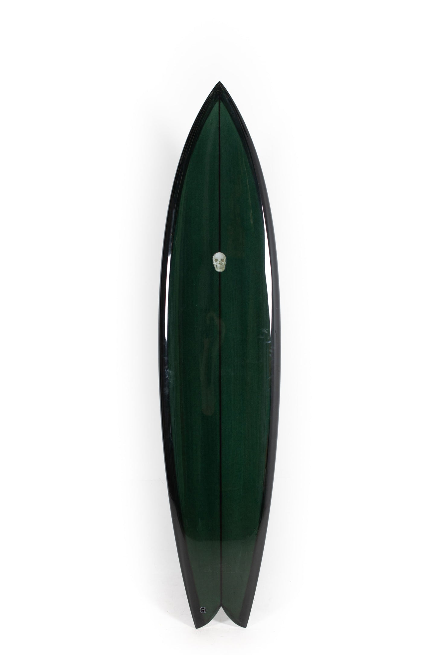 Green Christenson Nautilus surfboard with black edges on a white background by Pukas Surf Shop