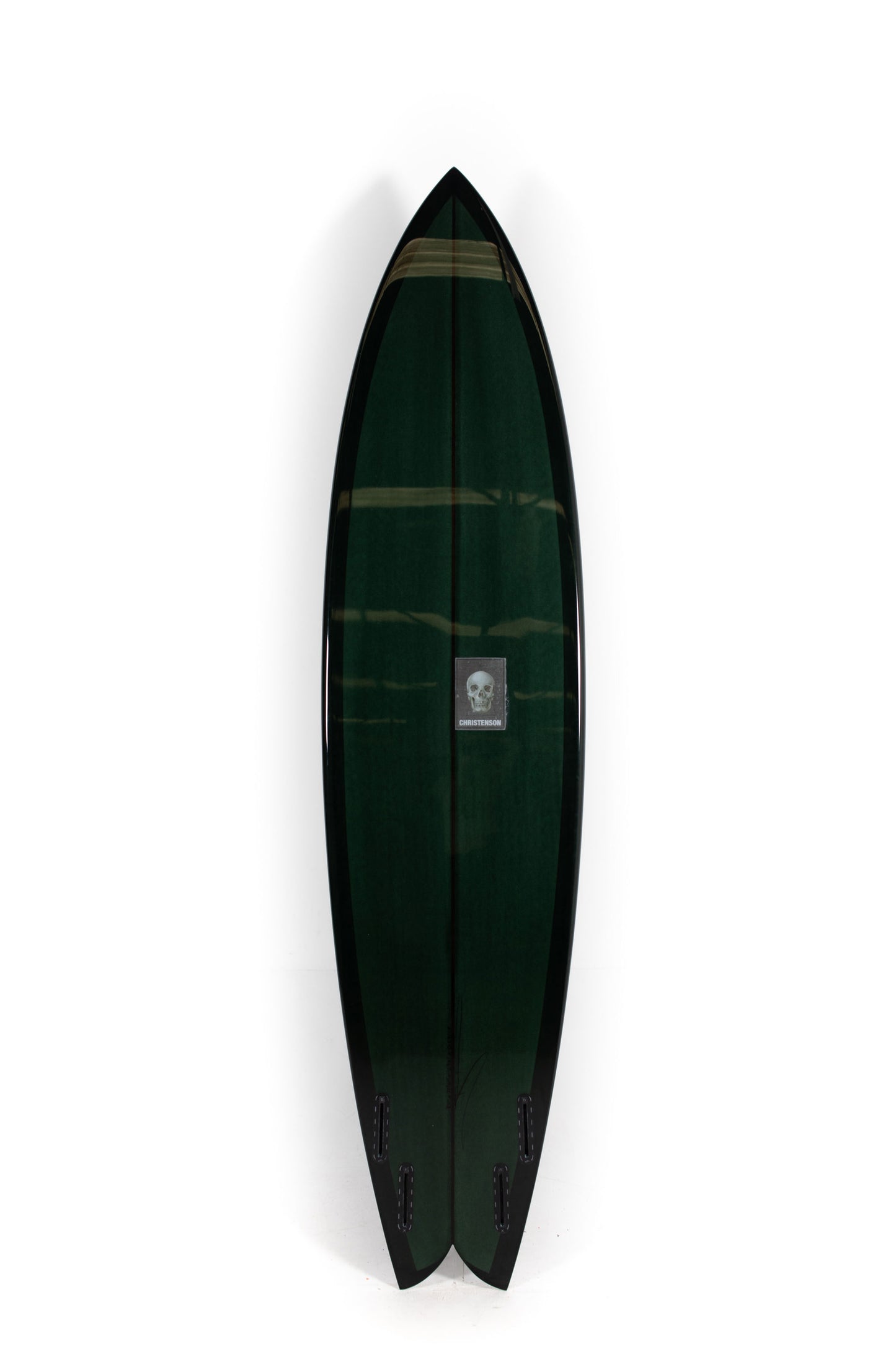 Green Christenson Nautilus surfboard with black edges on a white background by Pukas Surf Shop - 2