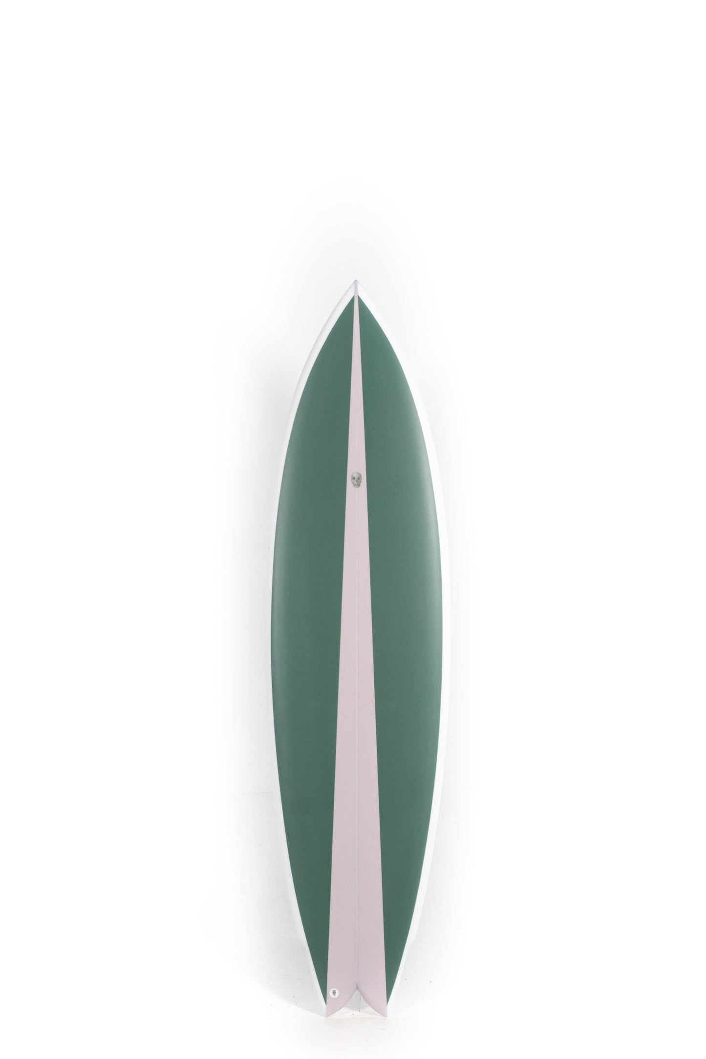 Green and purple Christenson Surfboard Wolverine size 6'10" on a white background by Pukas Surf Shop