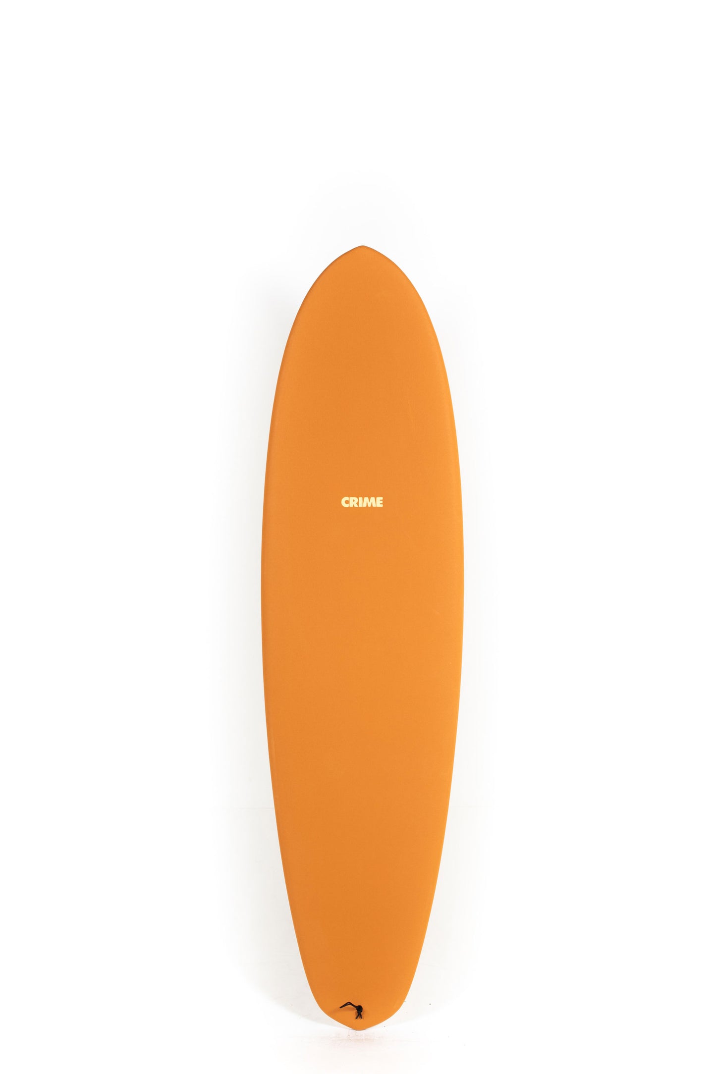 Orange Crime Bonzer surfboard with 'Crime' branding on a white background by Pukas Surf Shop