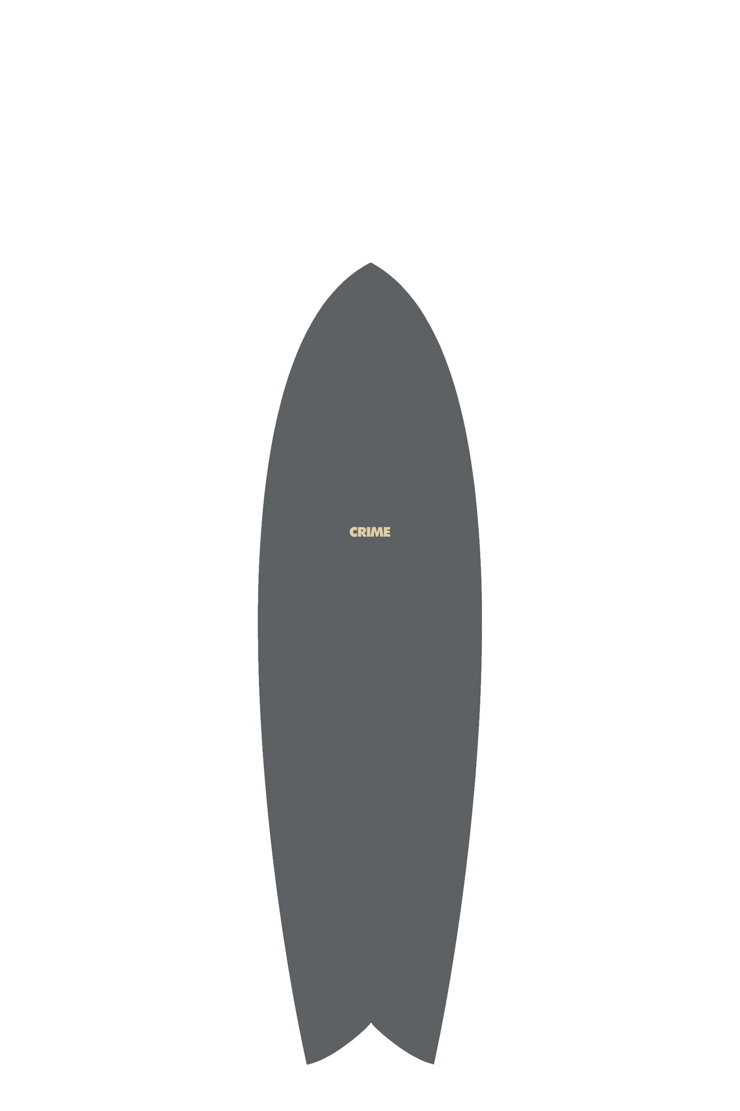 Grey Crime Surf Surfboard with a white logo on a white background by Pukas Surf Shop 