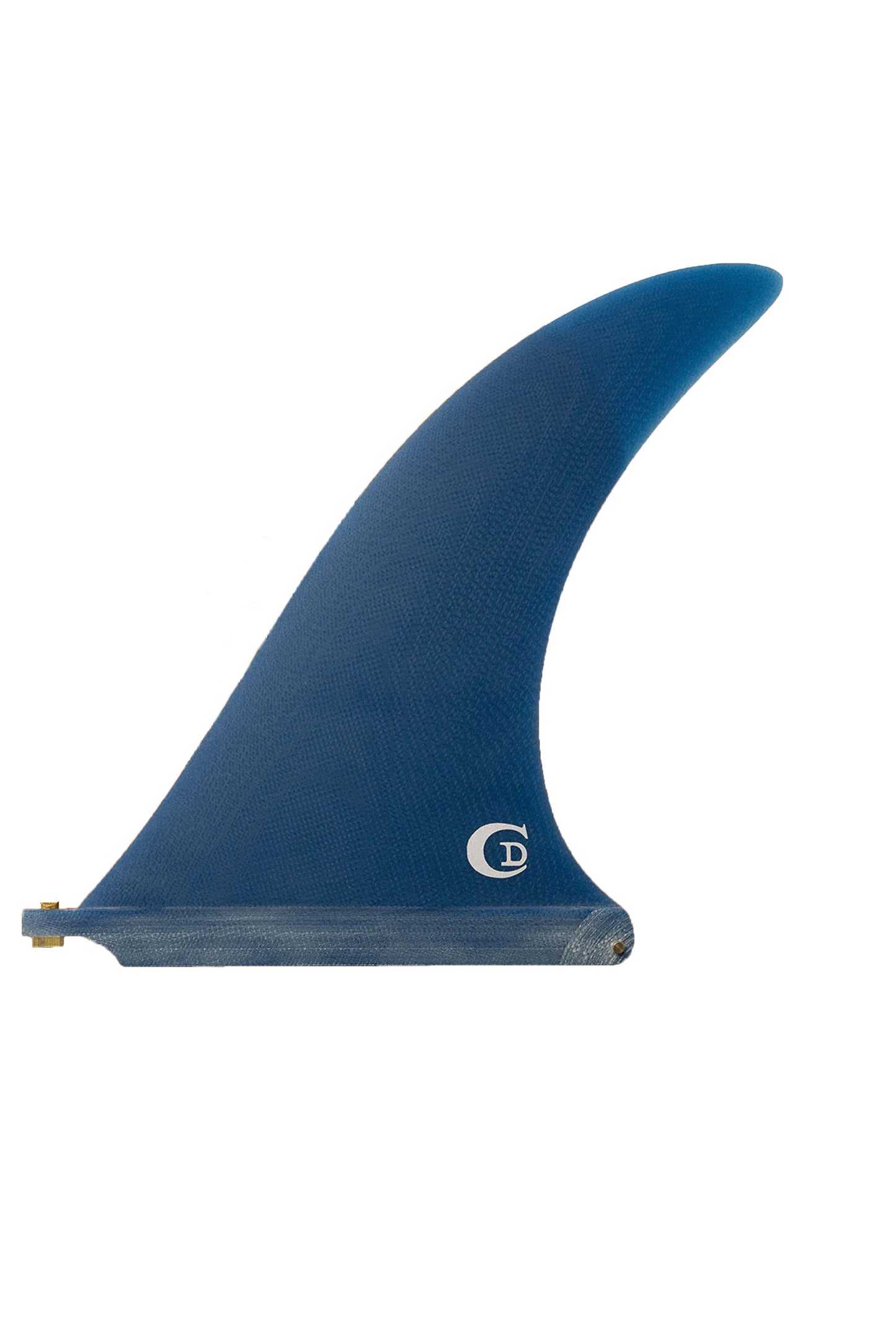 Blue surf fin with a logo on a white background