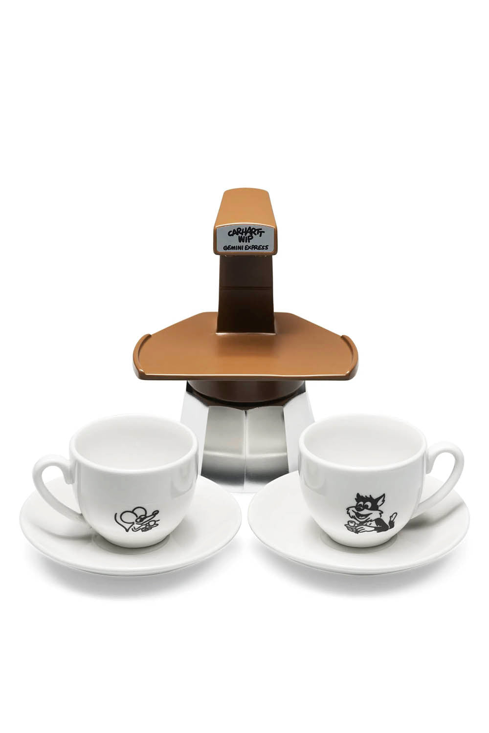 Coffee maker with two cups and saucers on a white background