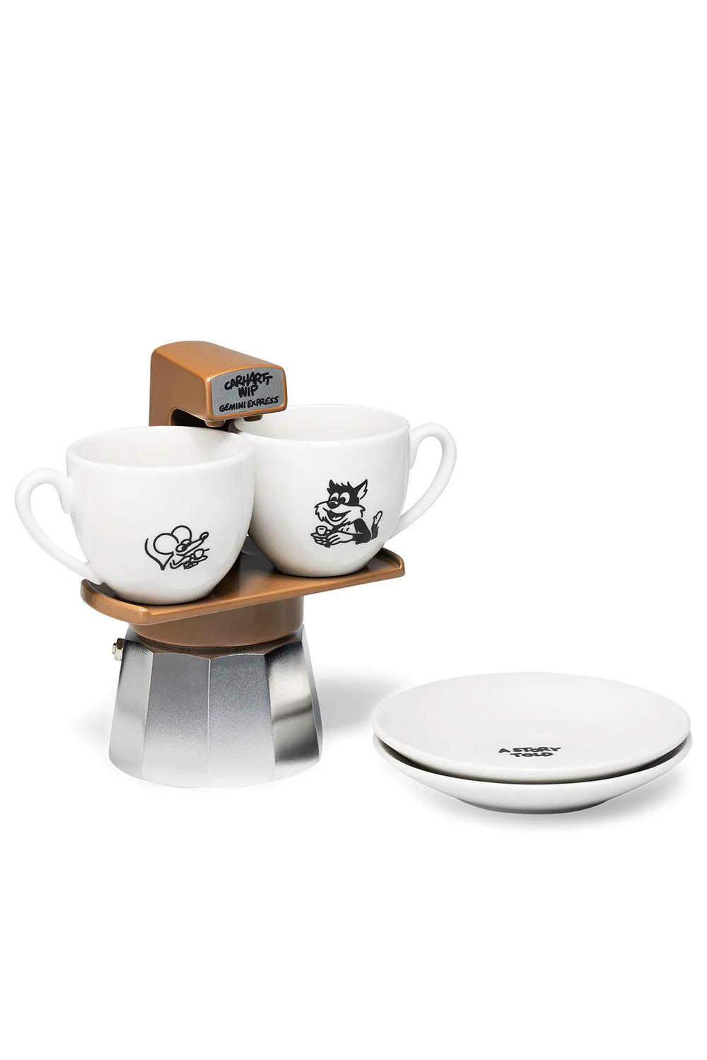 Two white mugs with black designs on a coffee maker with a white background