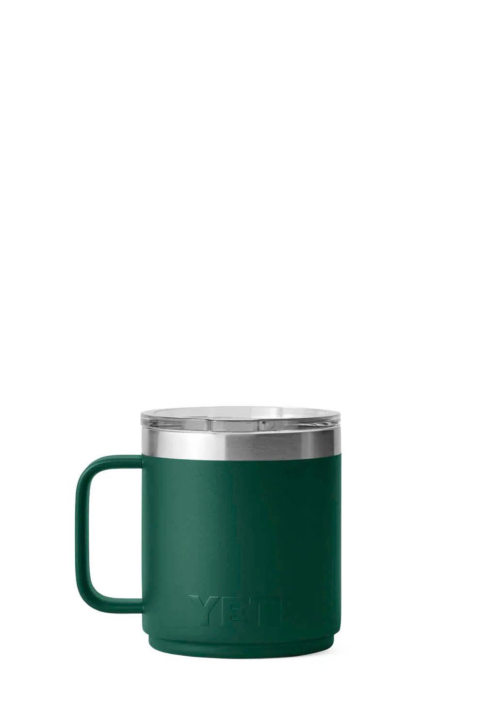 A dark green YETI insulated mug with a stainless steel lid and a matching green handle, shown on a plain white background.