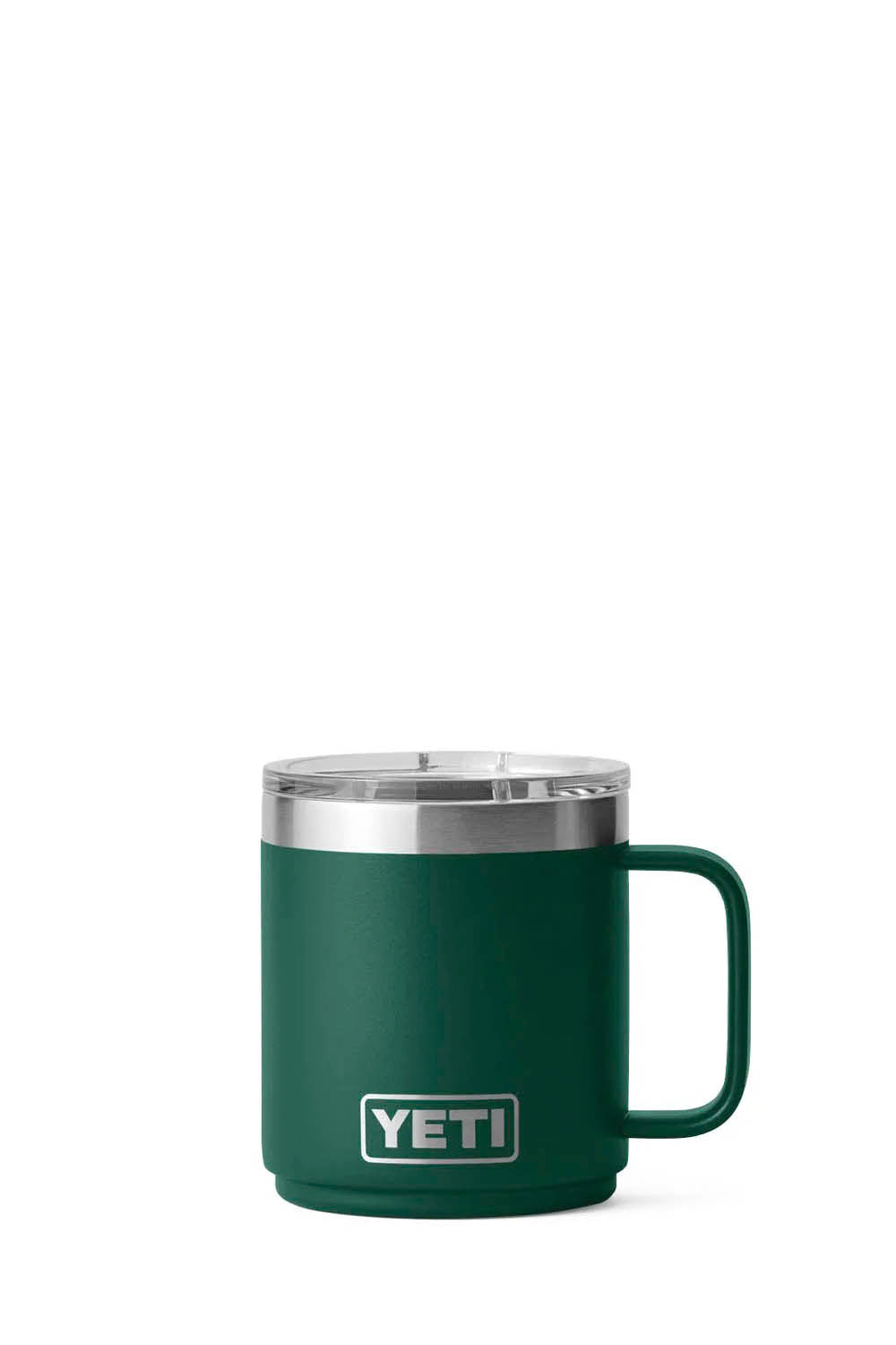 A dark green YETI insulated mug with a stainless steel lid and a matching green handle, shown on a plain white background.