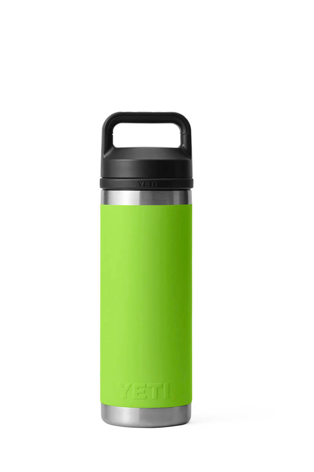 YETI Rambler 18 oz bottle with chug cap in venom green on white background