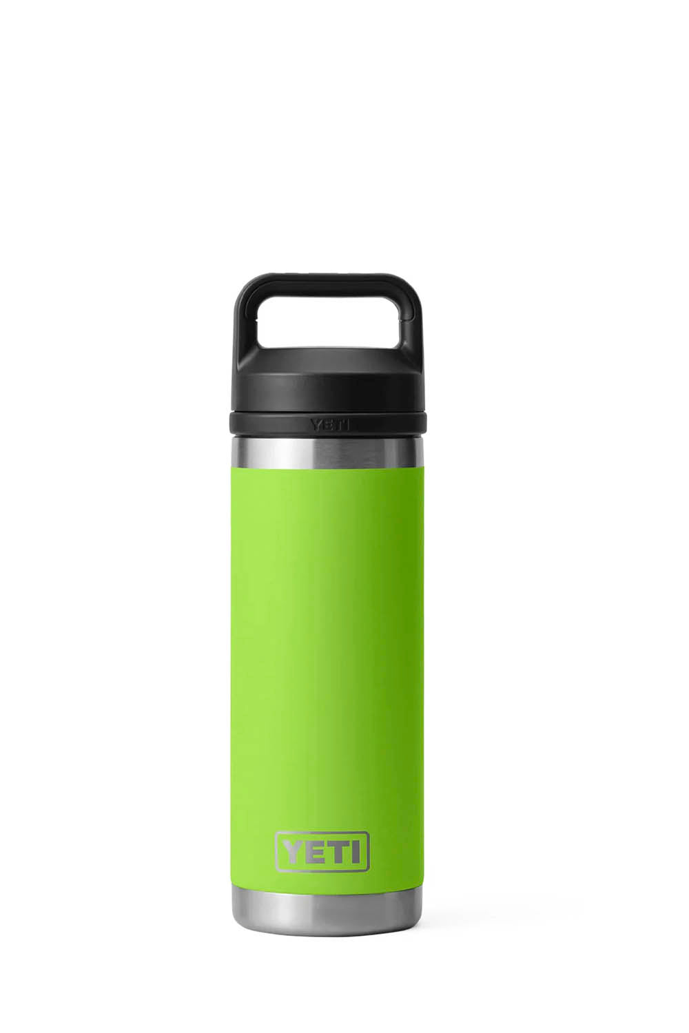 YETI Rambler 18 oz bottle with chug cap in venom green on white background