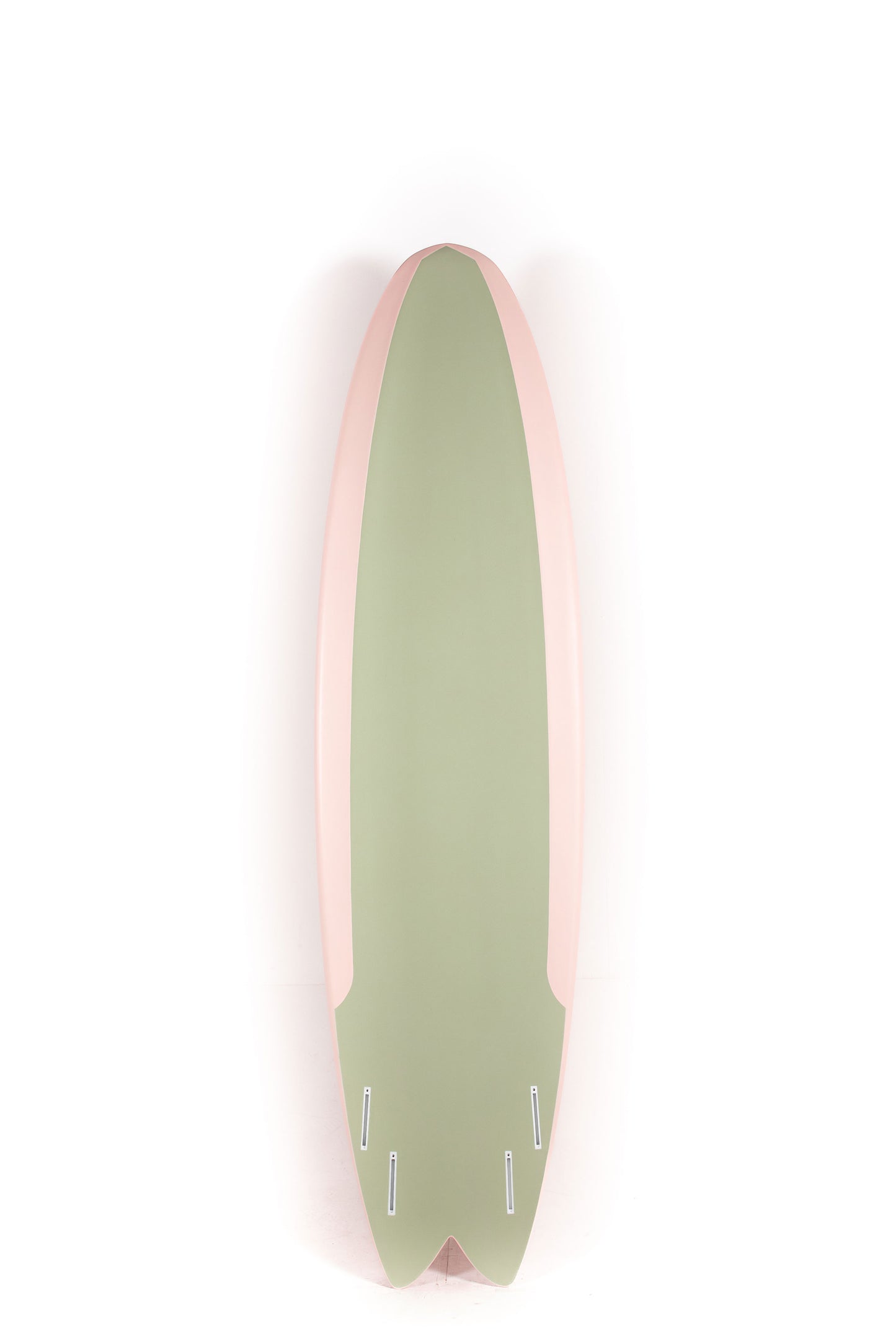 Light pink and green Ellis Ericson Surfboard size 7'4" on a white background by Pukas Surf Shop - 2