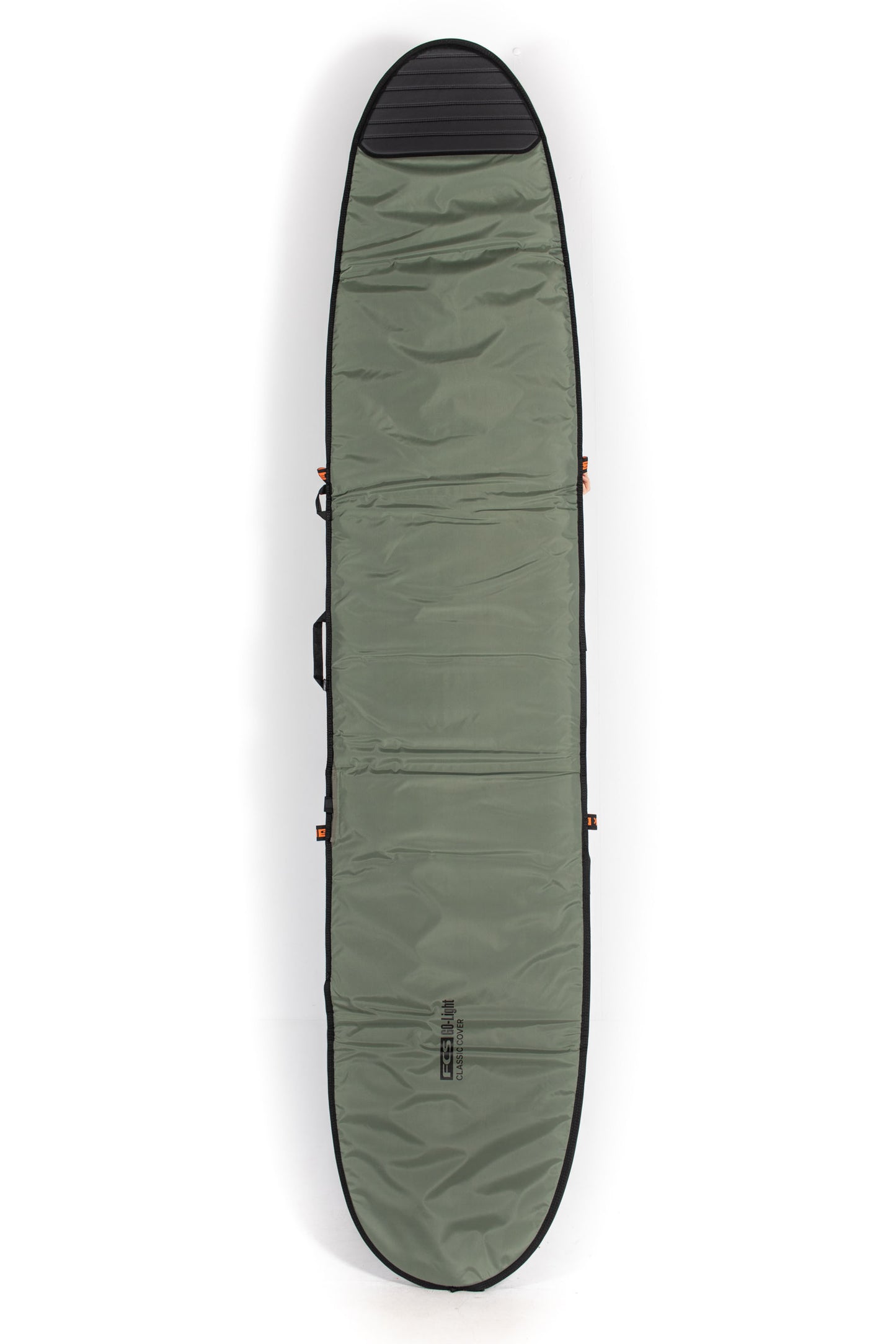 Green surfboard bag with black trim on a white background