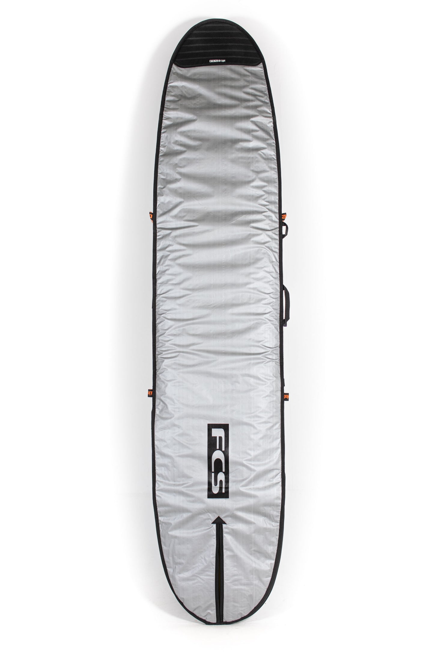 Gray surfboard bag with FCS logo on a white background