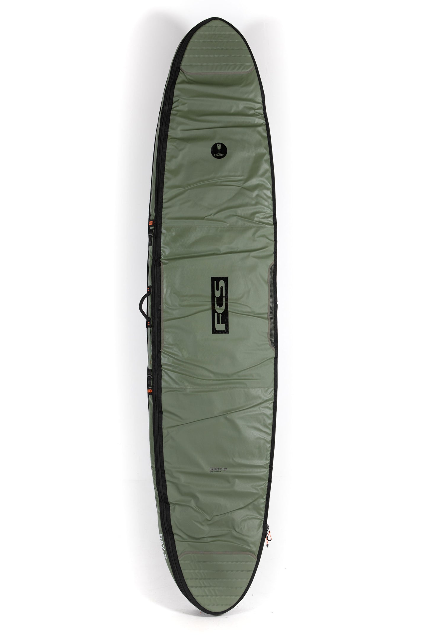 Green surfboard bag with a visible brand logo on a white background