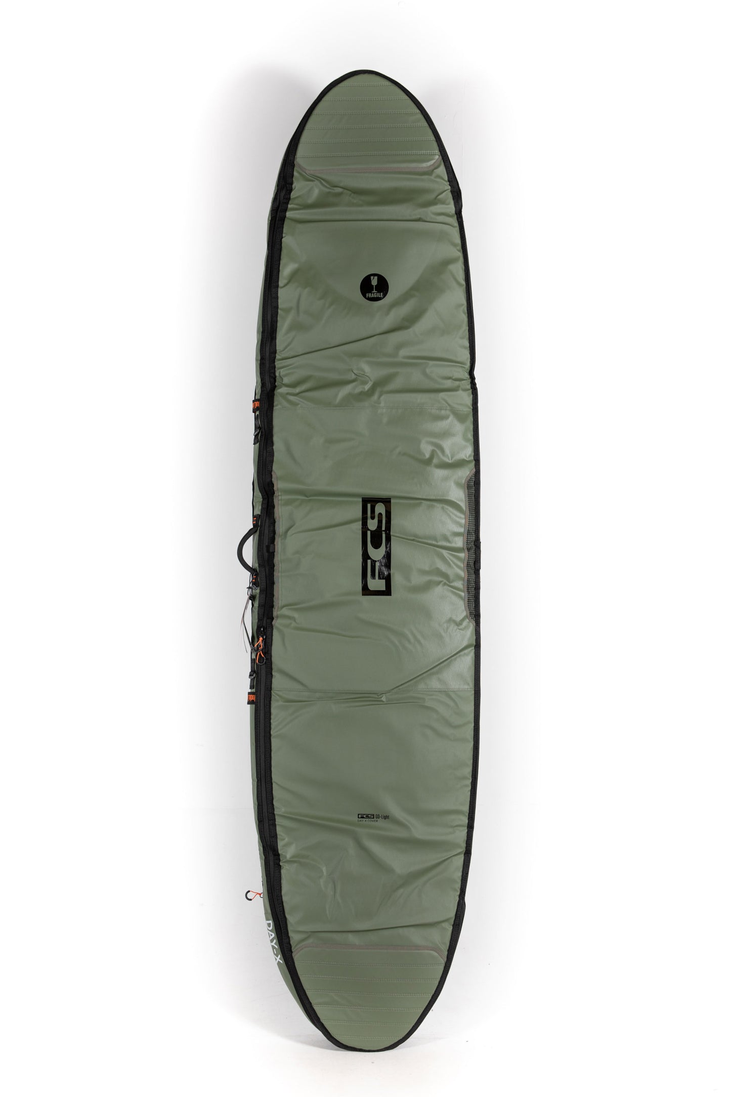 Green surfboard bag with FCS logo on a white background