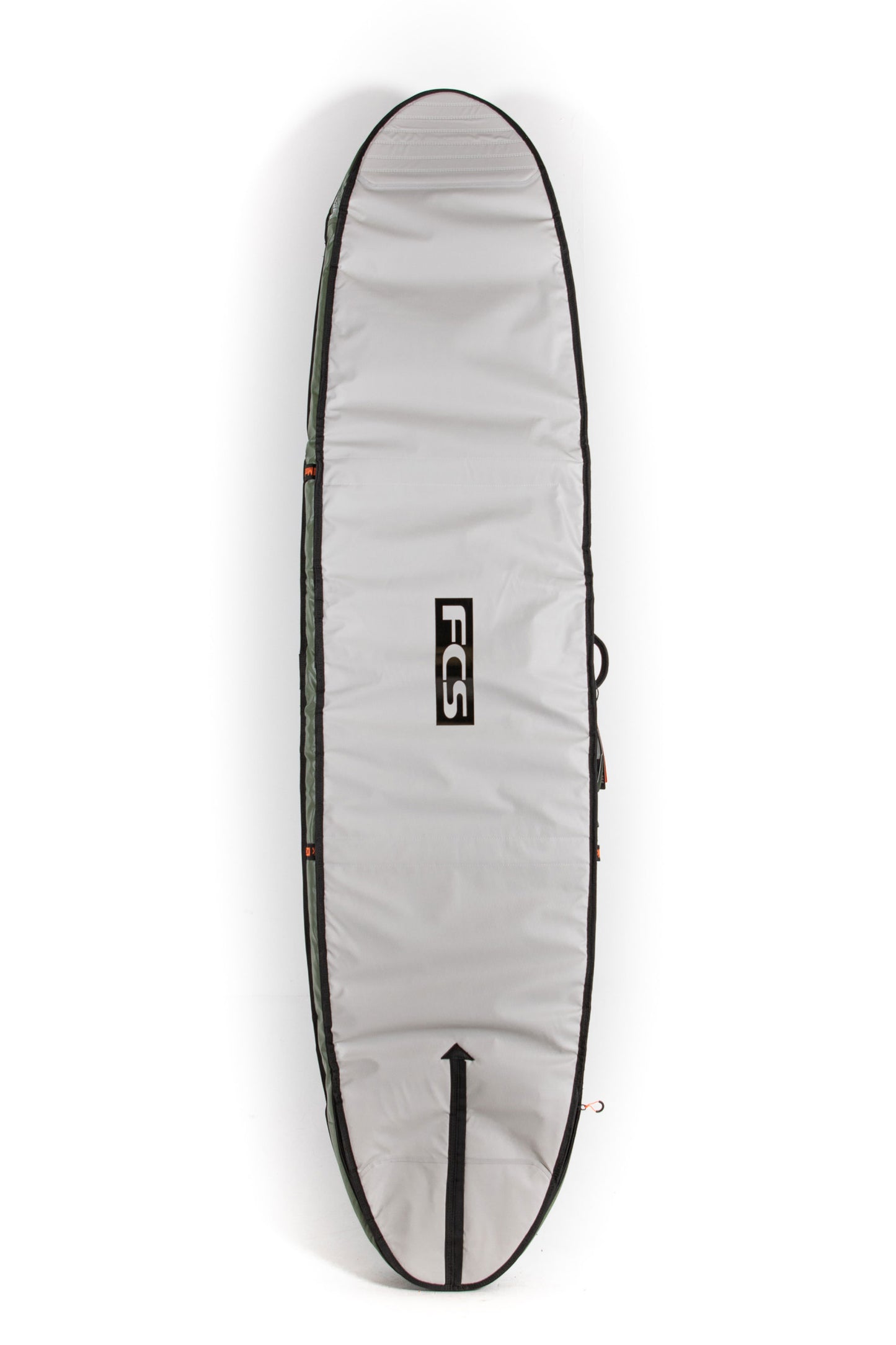 Gray surfboard bag with FCS logo on a white background