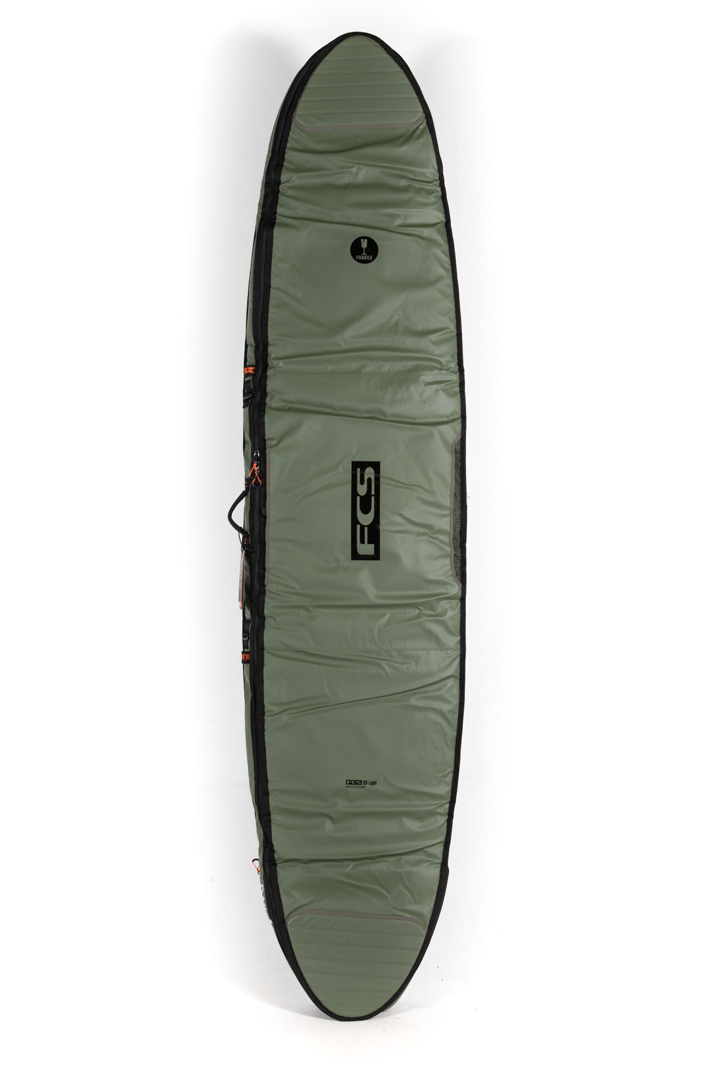 Green surfboard bag with a visible brand logo on a white background