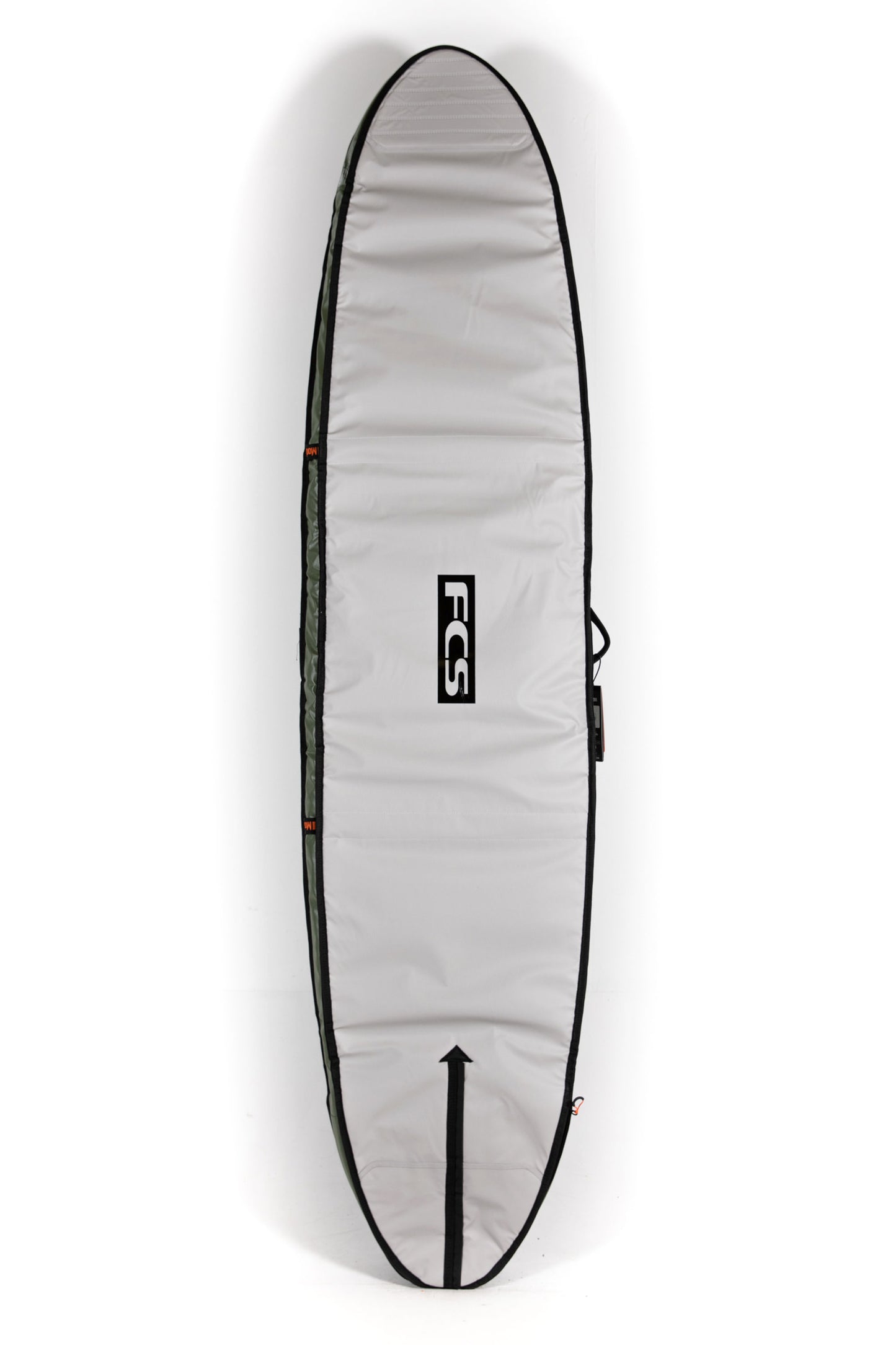 Surfboard in a gray cover with a brand logo on a white background