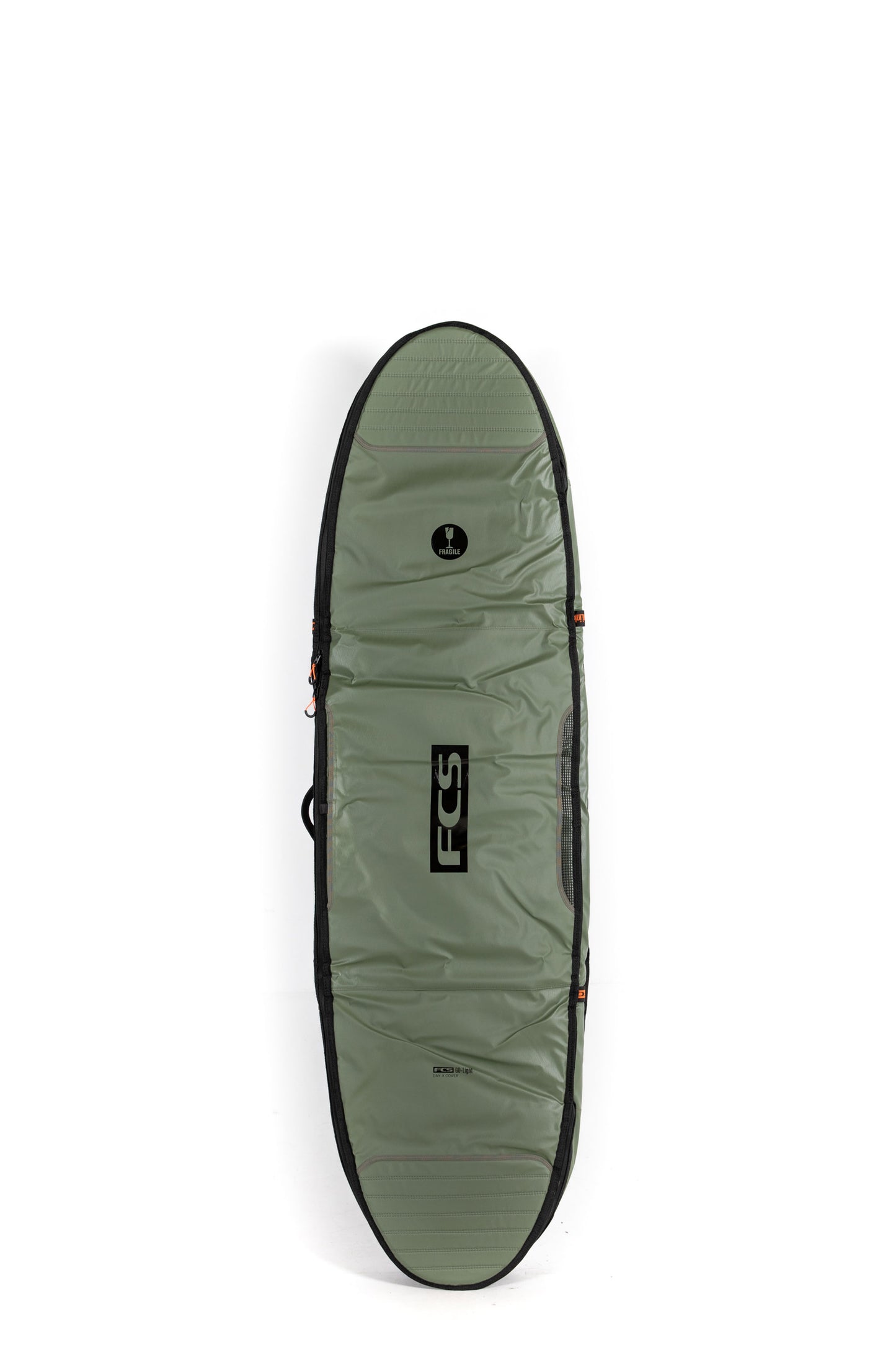 Green FCS Day X surfboard bag with FCS logo on a white background