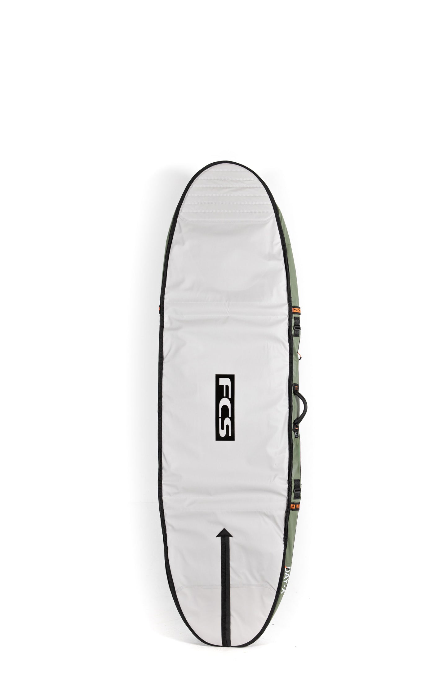 Green FCS Day X surfboard bag with FCS logo on a white background