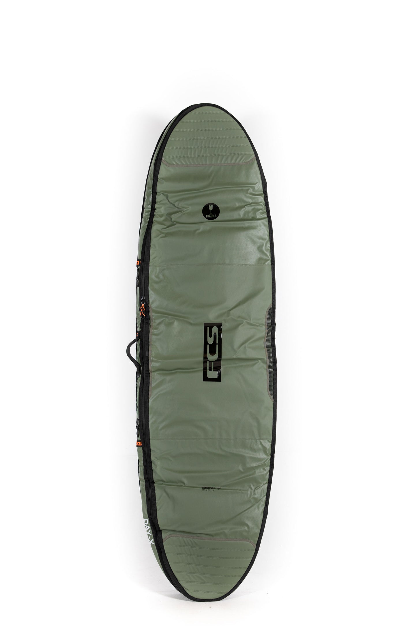 Green surfboard bag with a visible brand logo on a white background