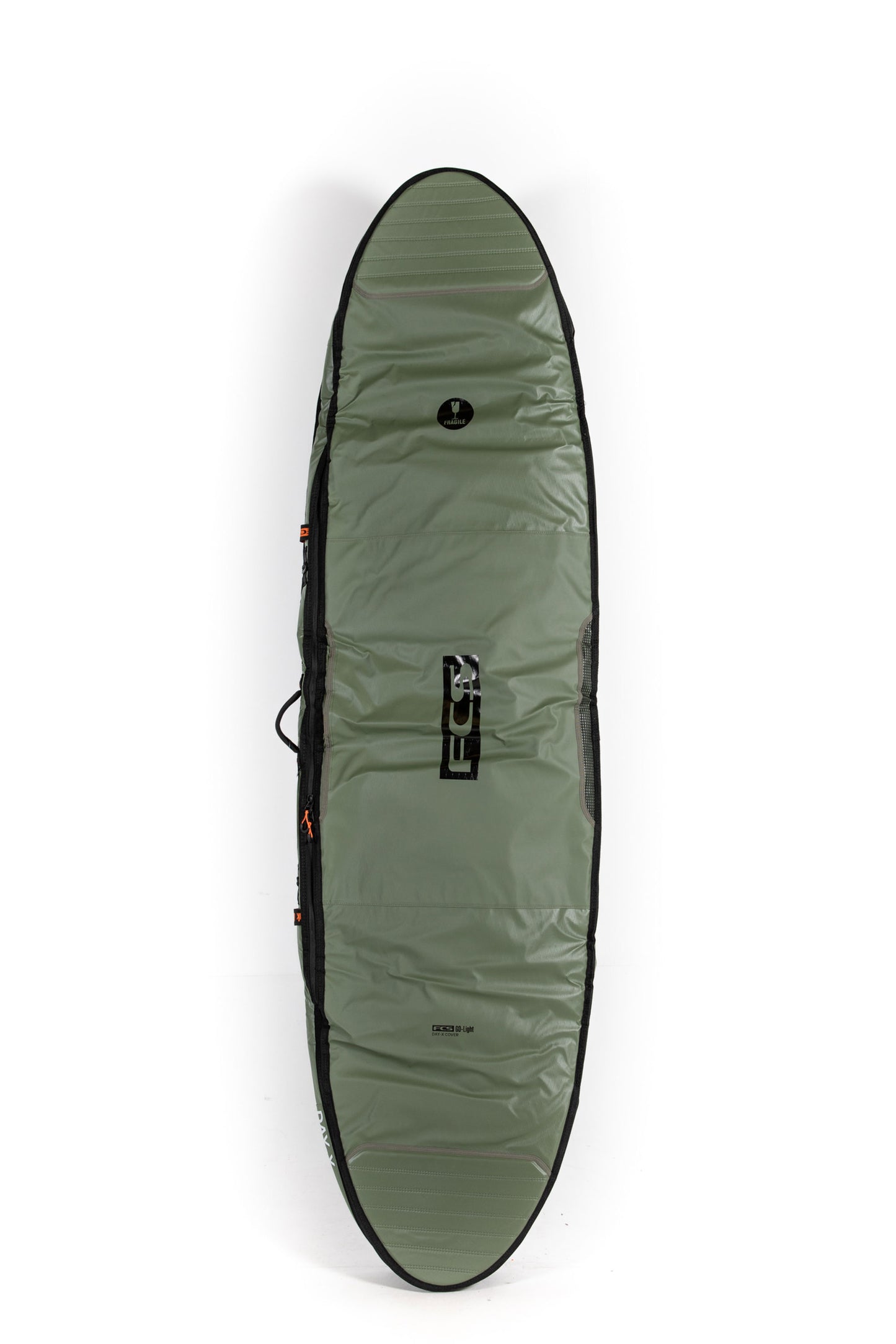 Green surfboard bag with a visible brand logo on a white background
