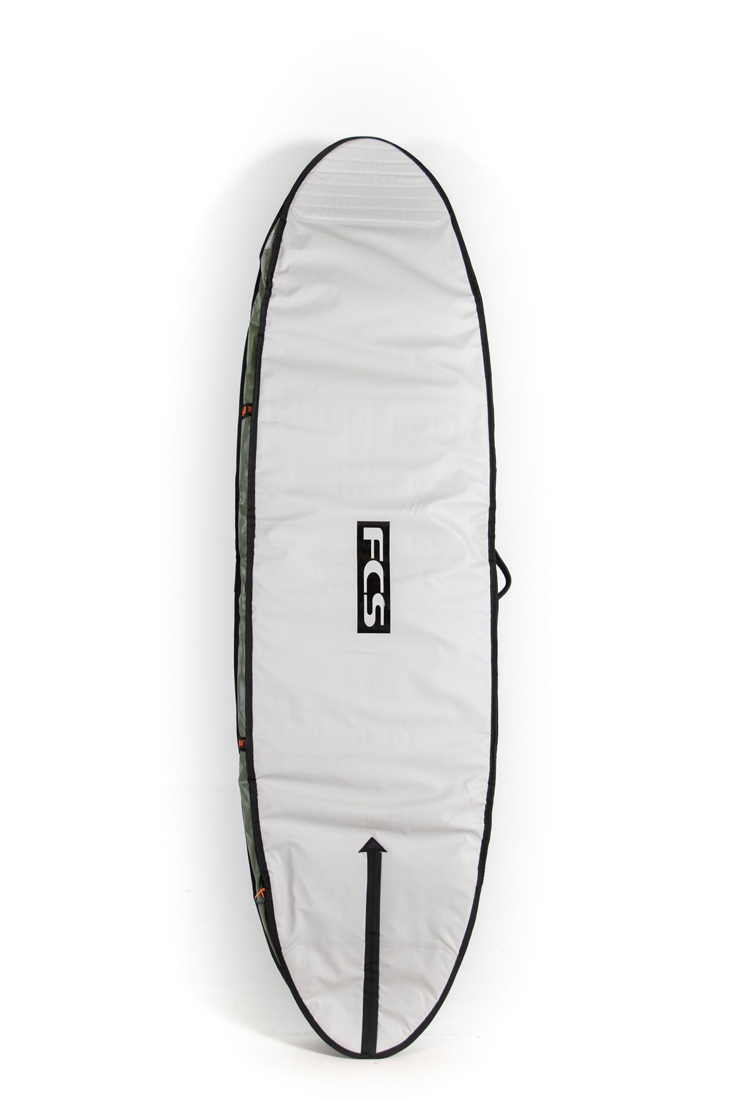 White surfboard bag with black trim and 'FCS' logo on a white background