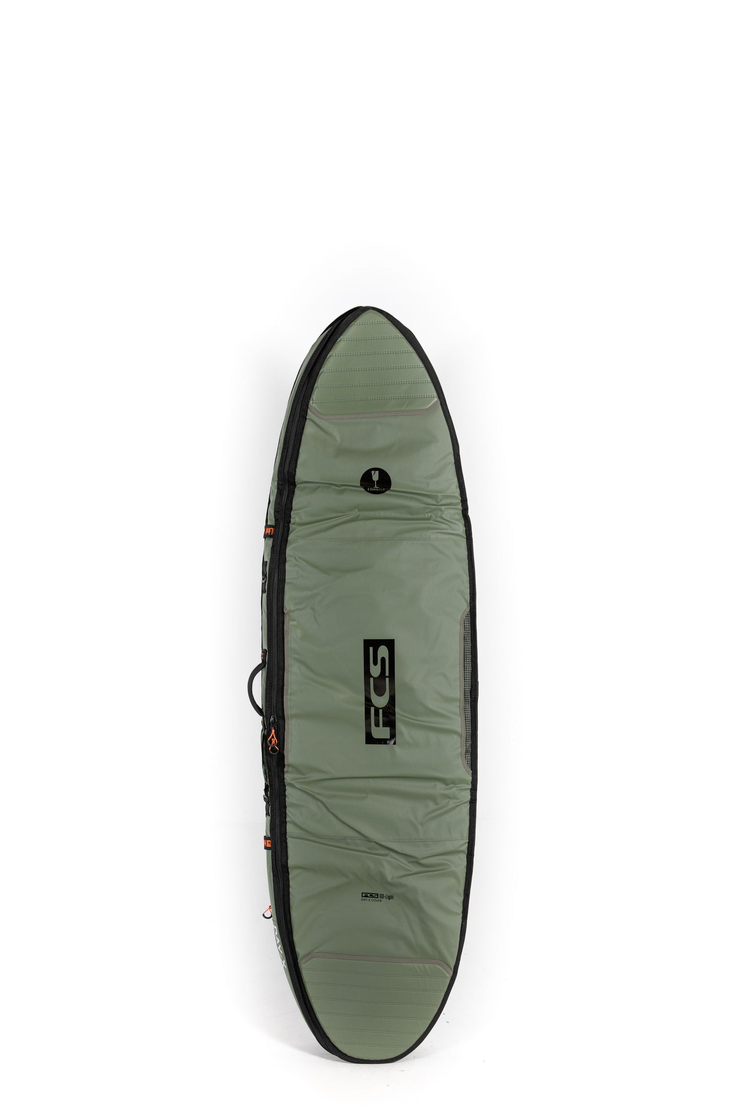 Green FCS Day-X 6'7 surfboard bag with FCS logo on a white background