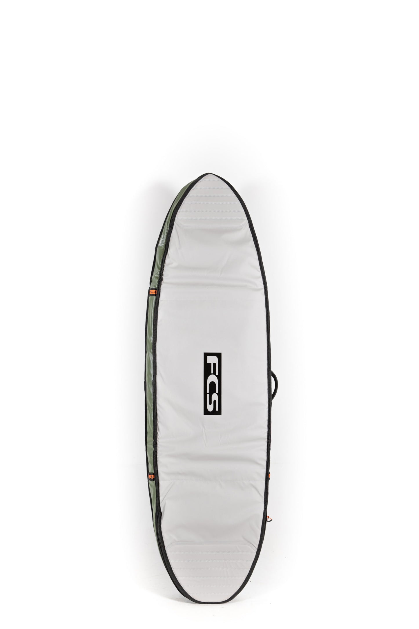 Green FCS Day-X 6'7 surfboard bag with FCS logo on a white background