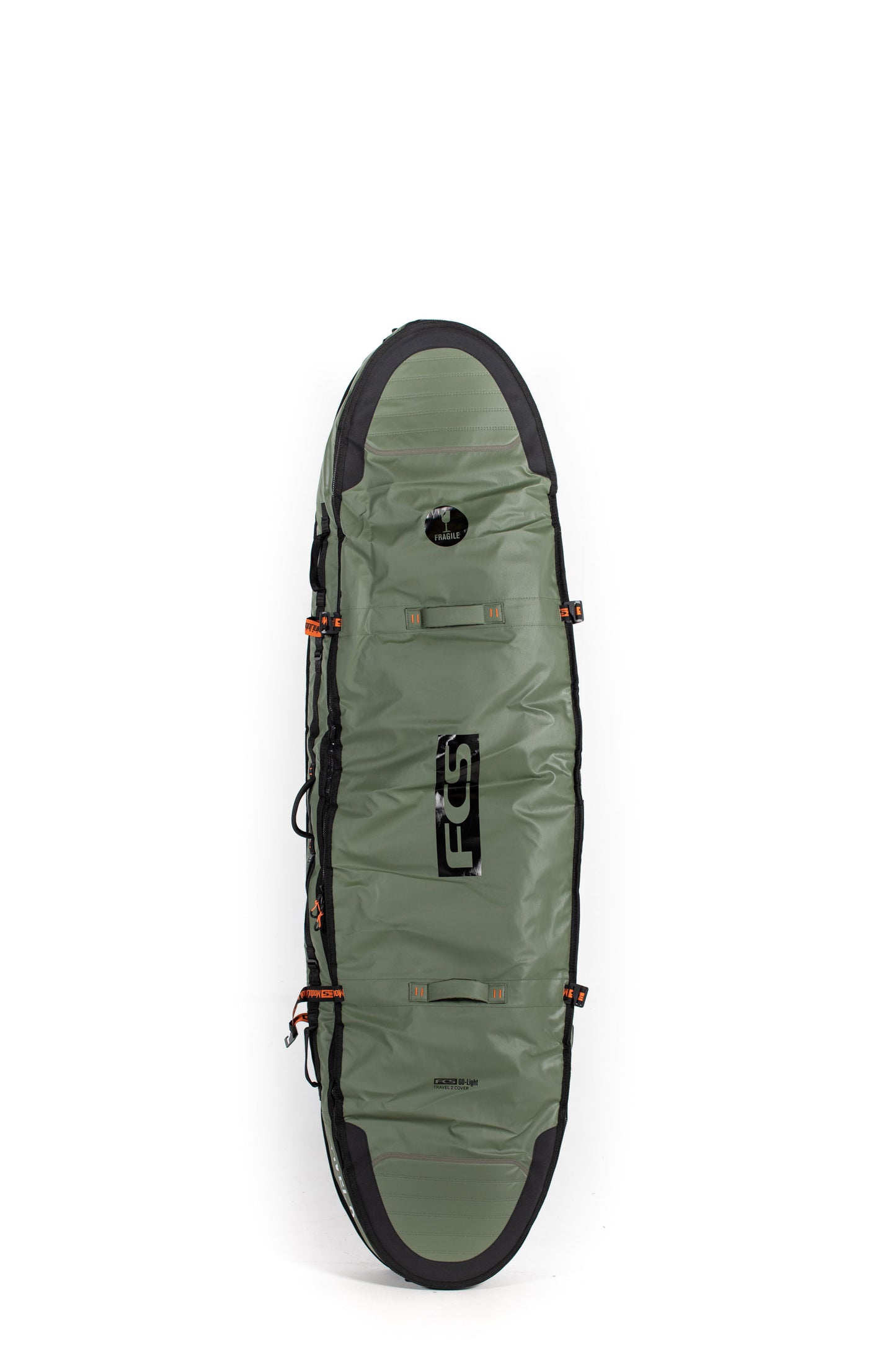 Green surfboard bag with black accents on a white background