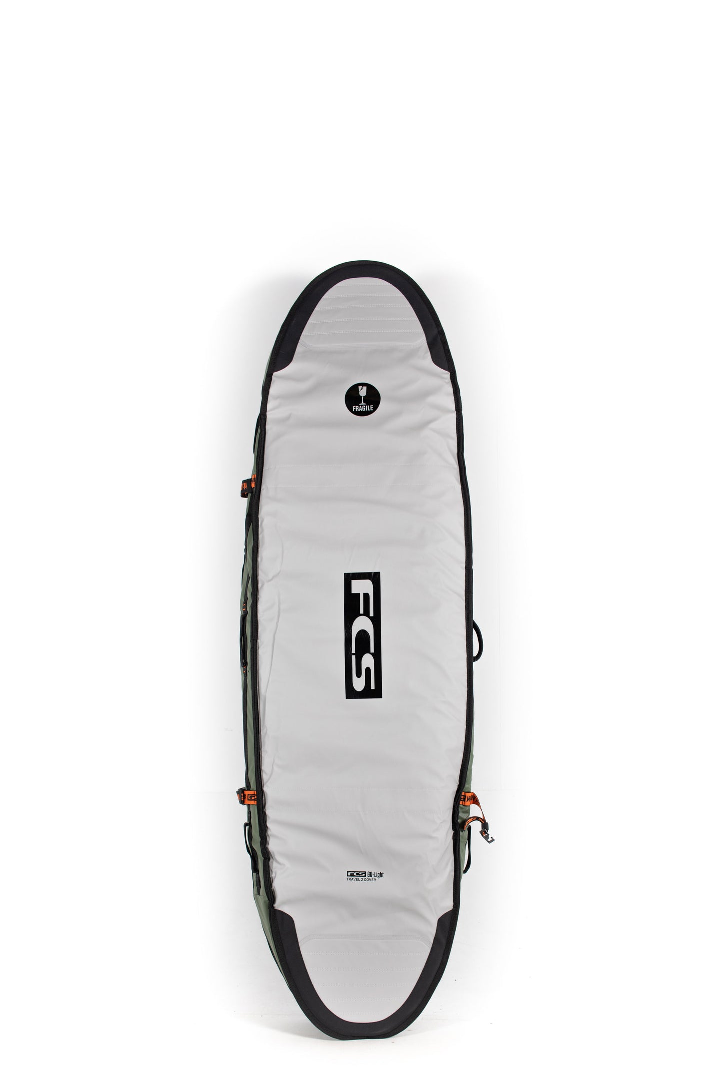 Gray surfboard bag with black accents and FCS logo on a white background