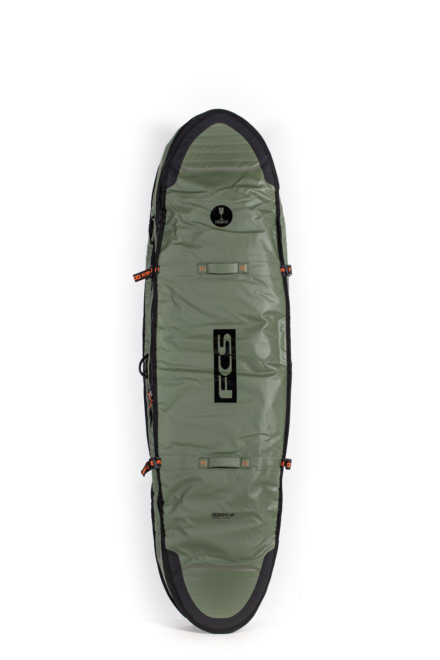 Green FCS Travel 2 Midlength boardbag on a white background