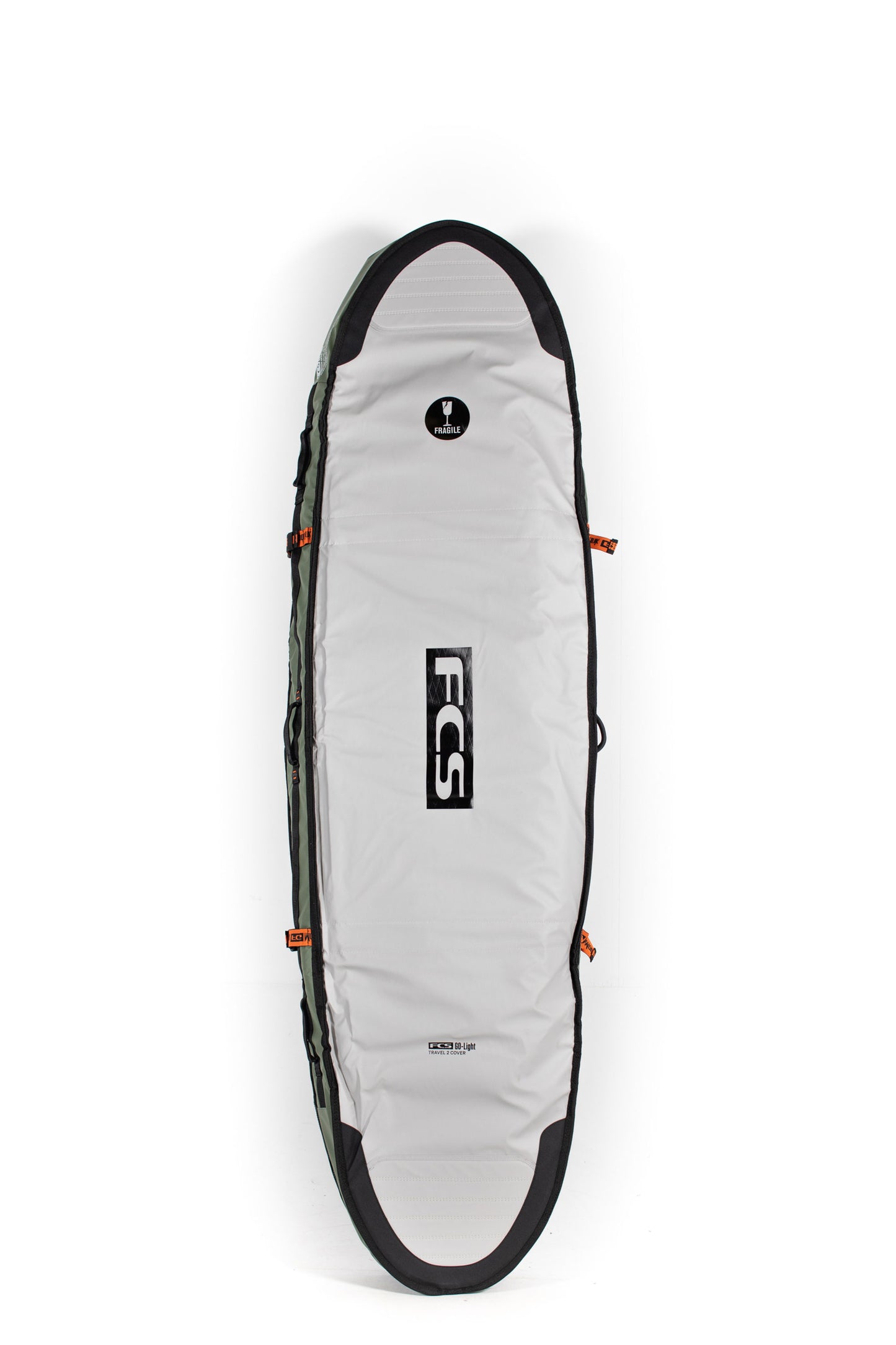 Green FCS Travel 2 Midlength boardbag on a white background