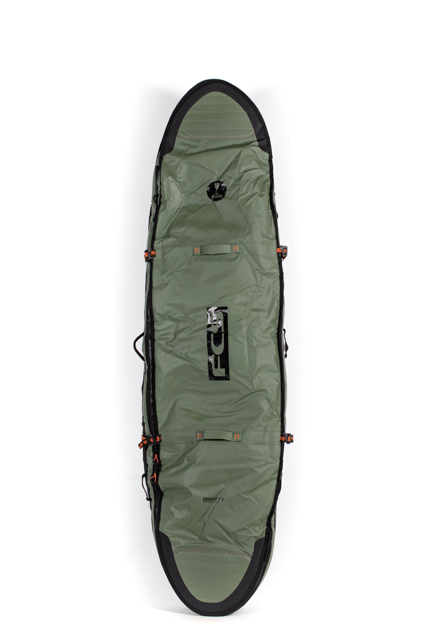 Green FCS surfboard bag with black accents on a white background