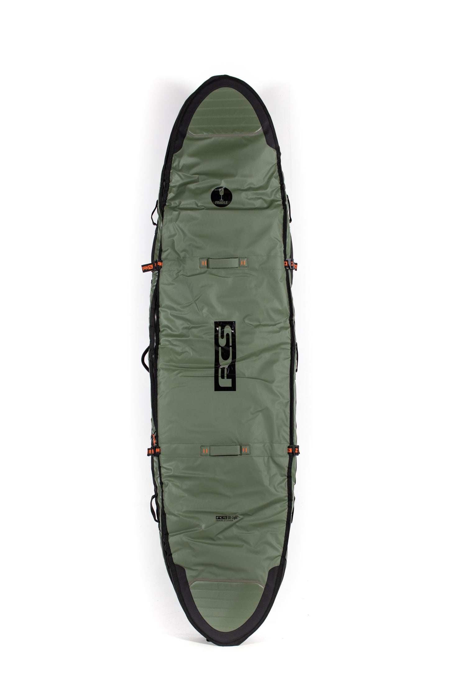 Green and black surfboard bag with a visible brand logo on a white background