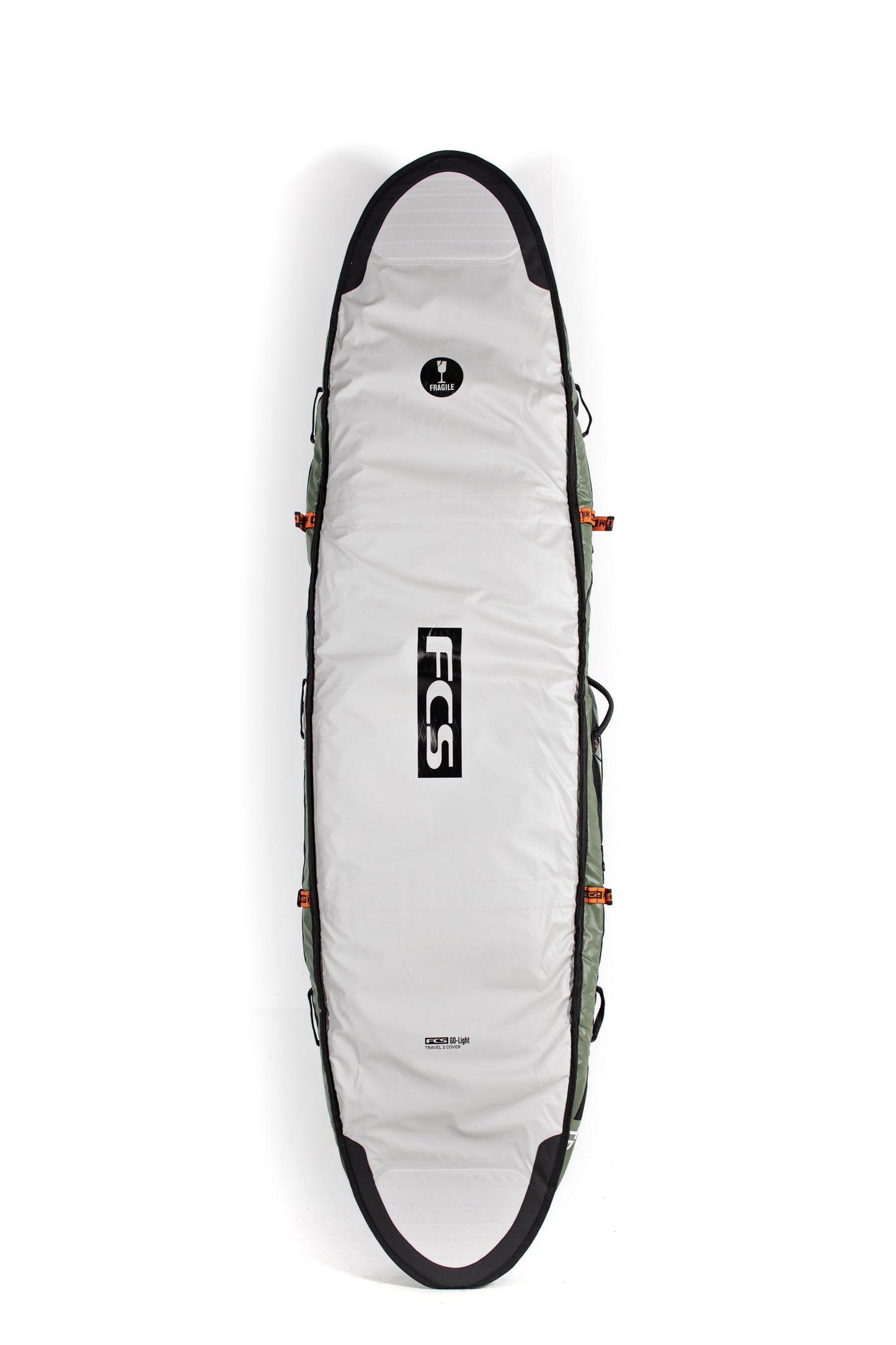 Green surfboard bag with FCS logo on a white background