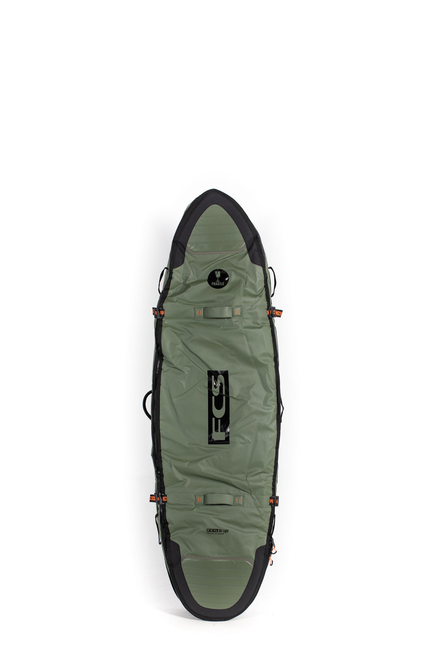 Green surfboard bag with black accents on a white background