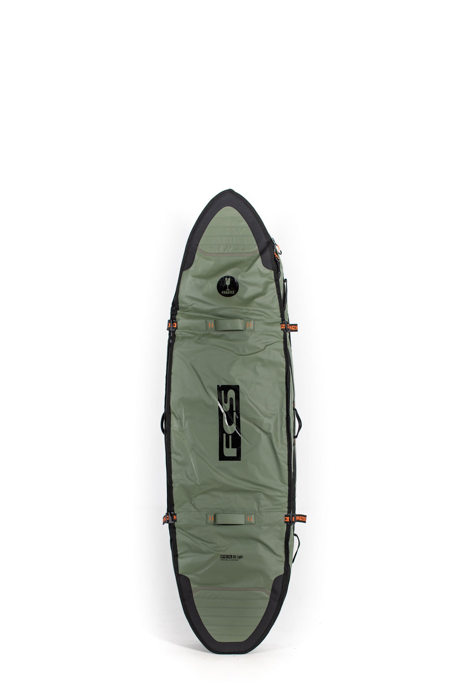 Green surfboard bag with black accents on a white background