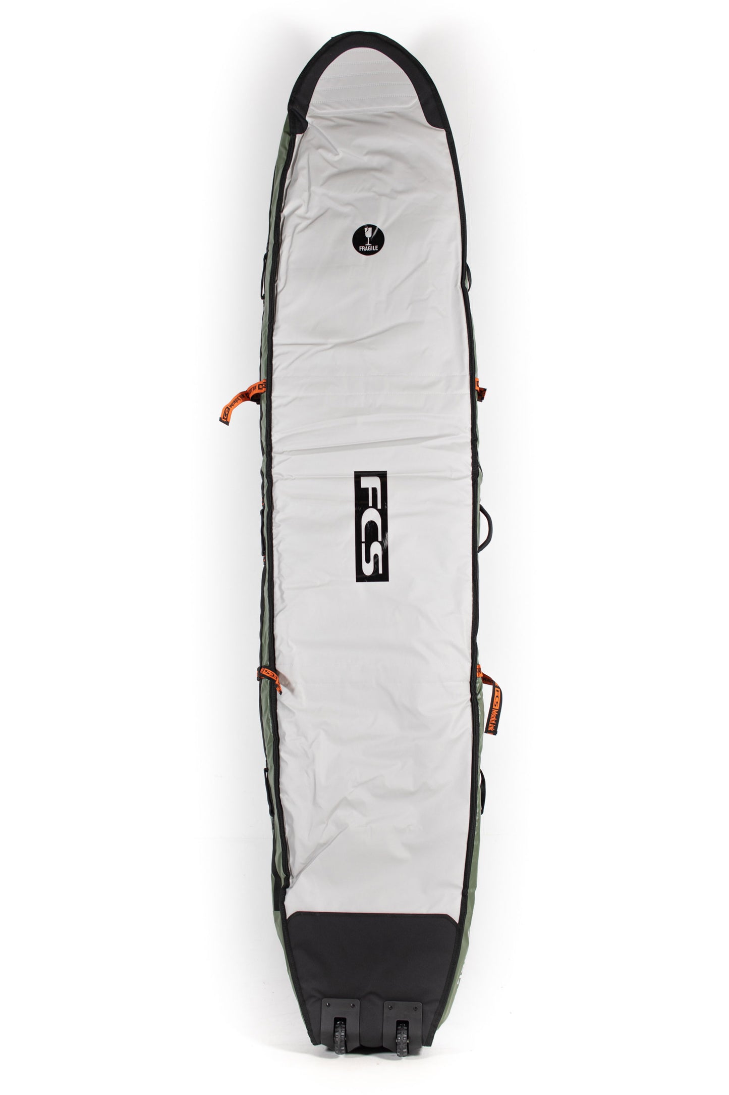 Green FCS Travel 2 wheelie boardbag on a white background