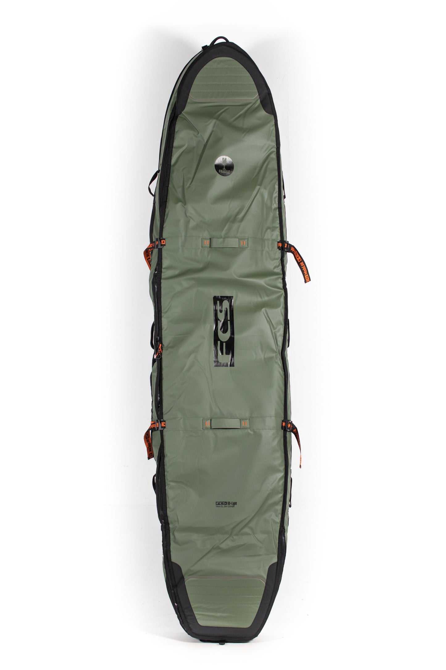 Green surfboard bag with black accents on a white background