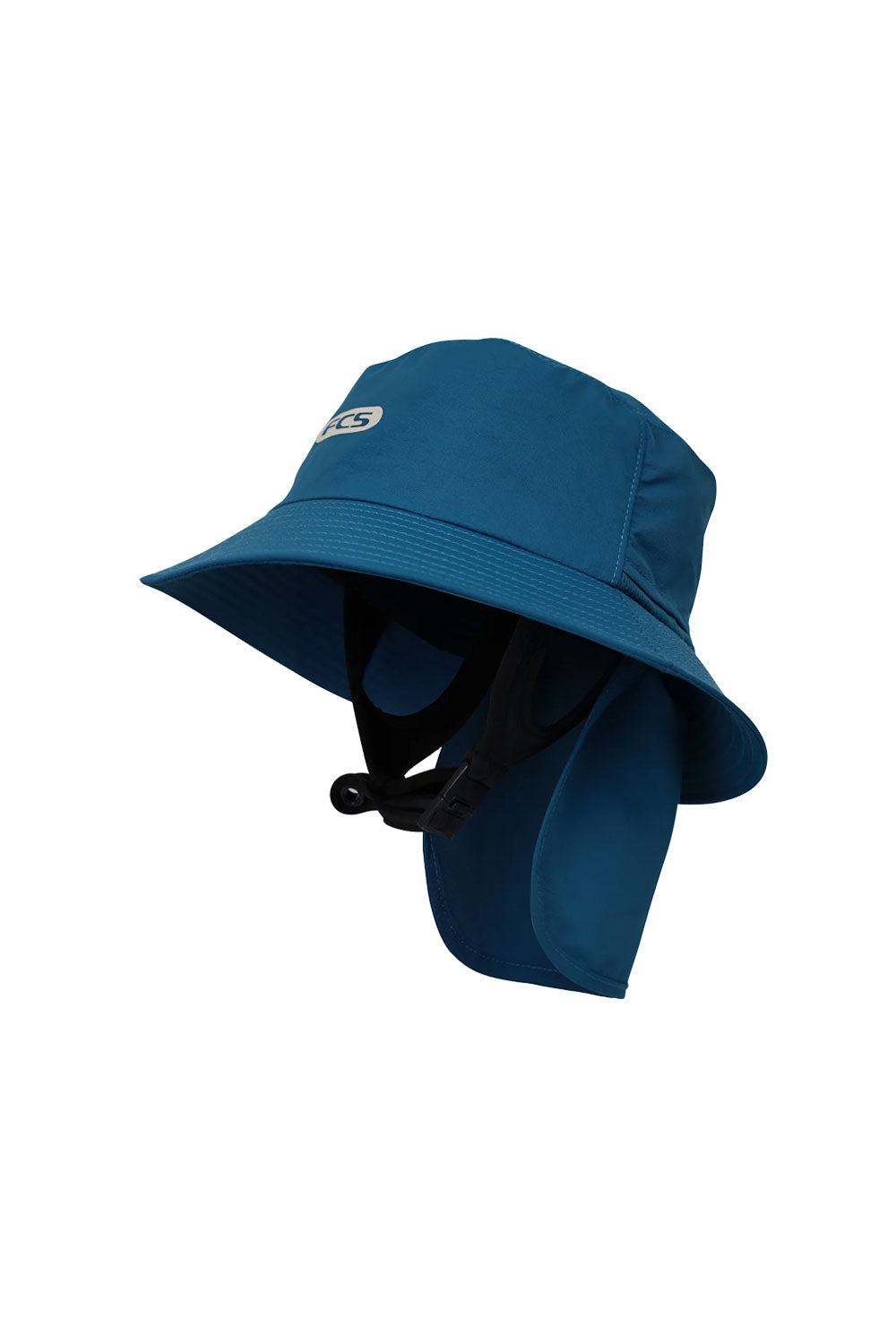 Blue bucket hat with a neck flap on a white background