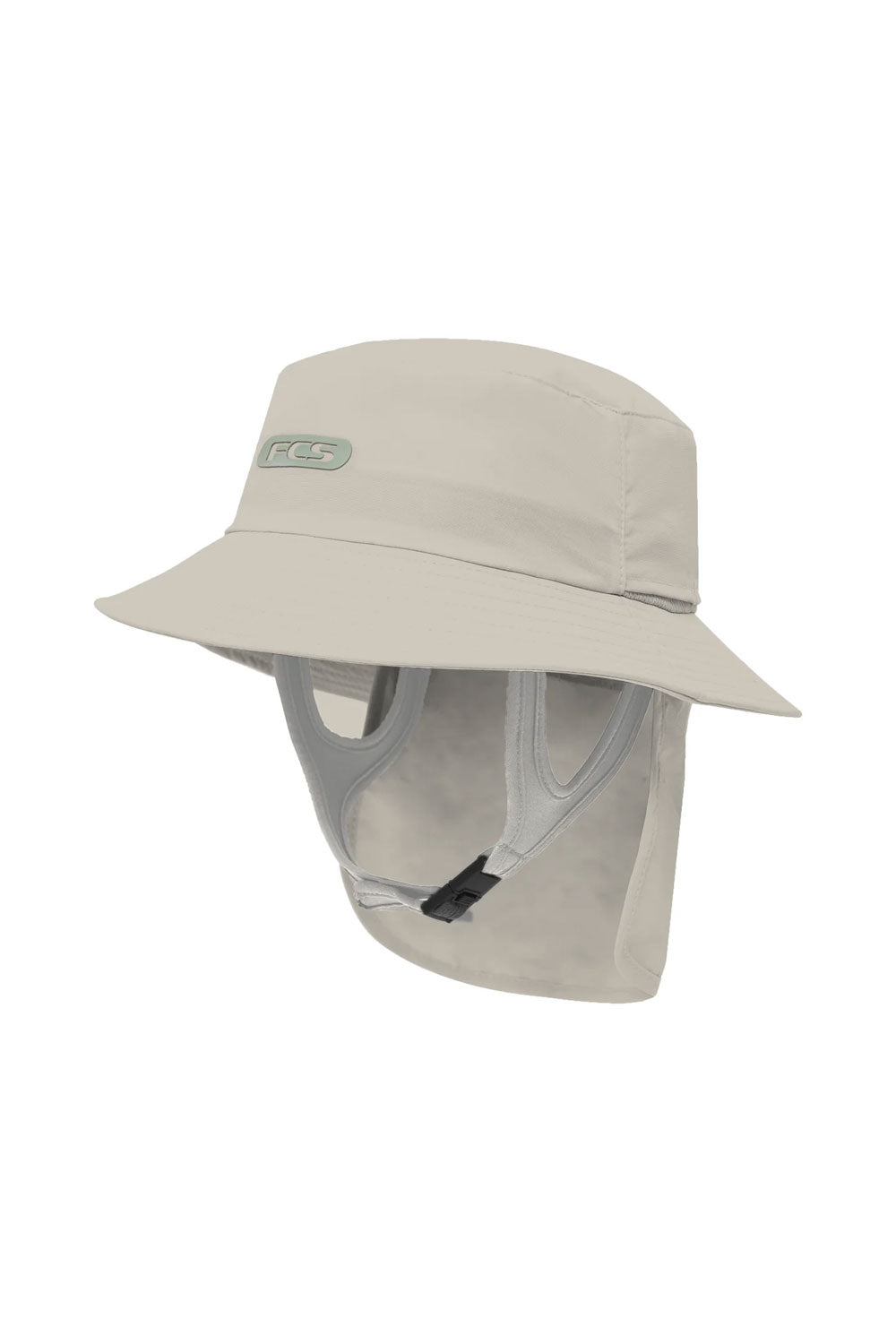 Beige sun hat with neck flap on a white background