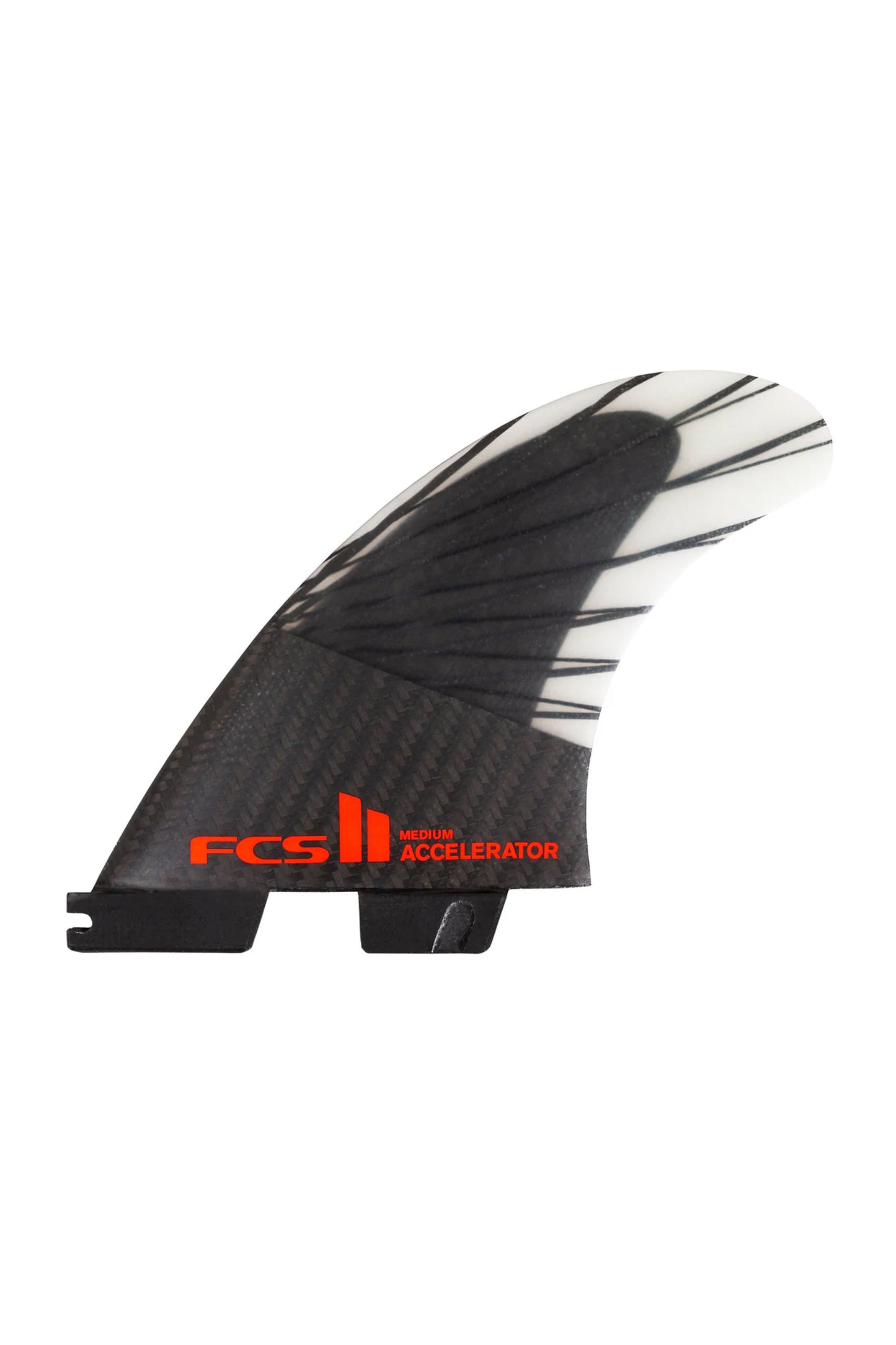 Side view of the FCS II Accelerator PC Carbon tri fin set on white background.