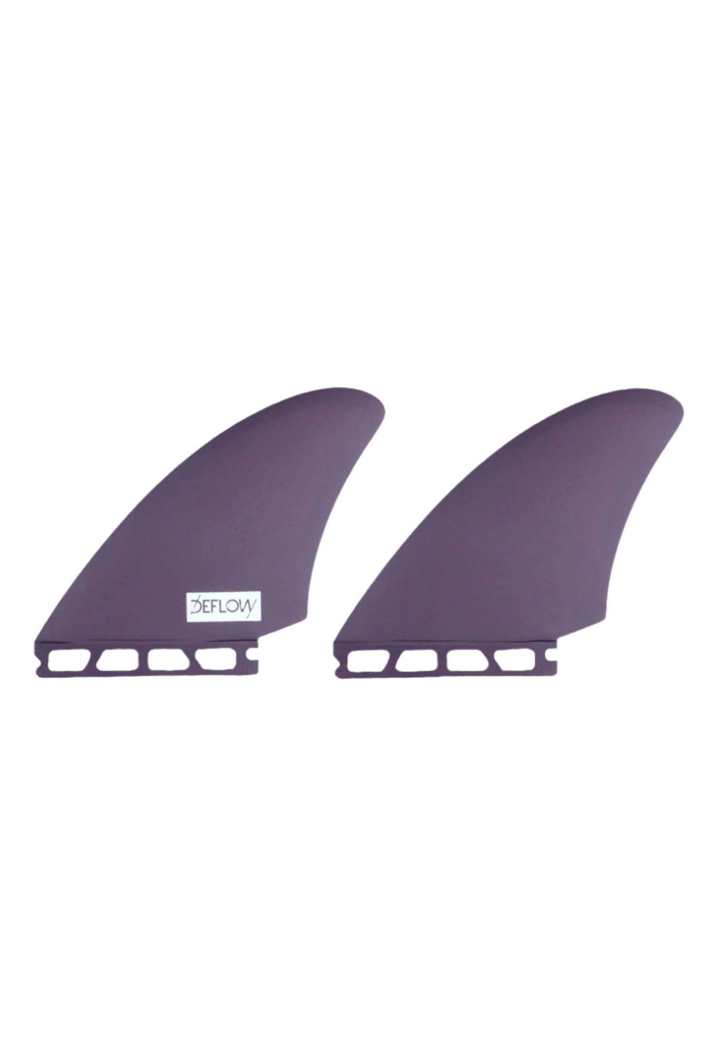 Two purple surfboard fins on a light gray background