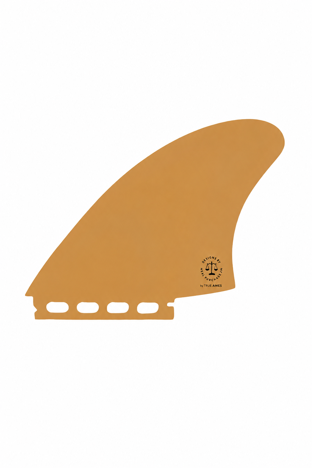 A single surfboard fin blade in a warm tan or camel color, shown against a plain white background. The fin features a small black circular logo near the base with the text 'TRUE AMES'.