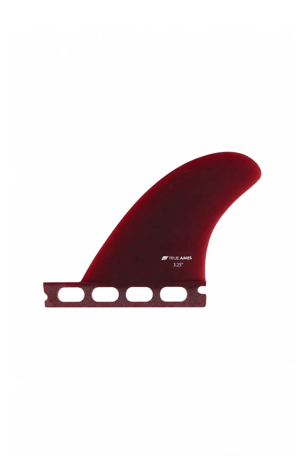 A single dark red surfboard fin blank with a printed white logo and size text, shown against a plain white background.