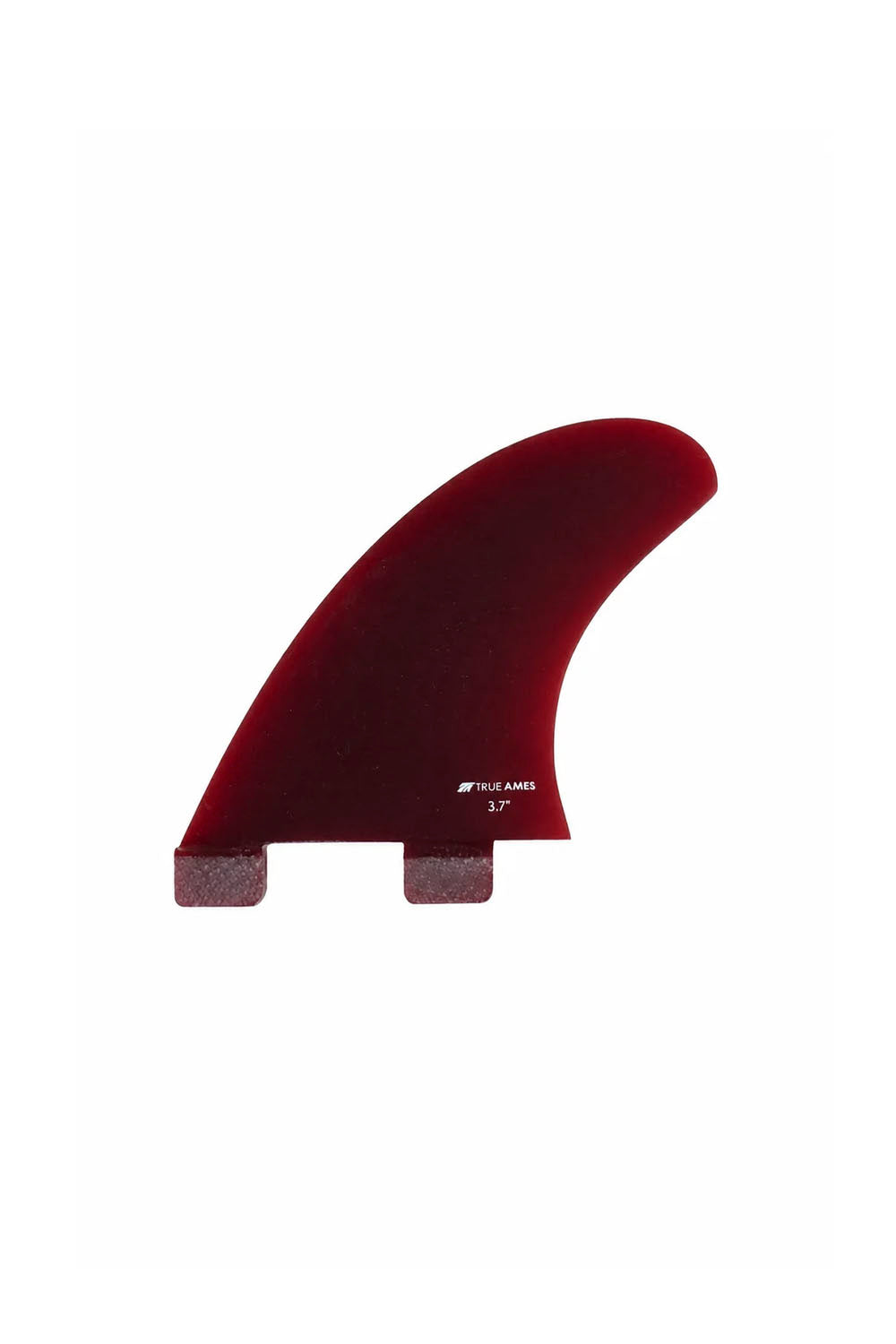 A single surfboard fin blade in a deep translucent red color, featuring a white printed logo and size text near the base, set against a solid white background.
