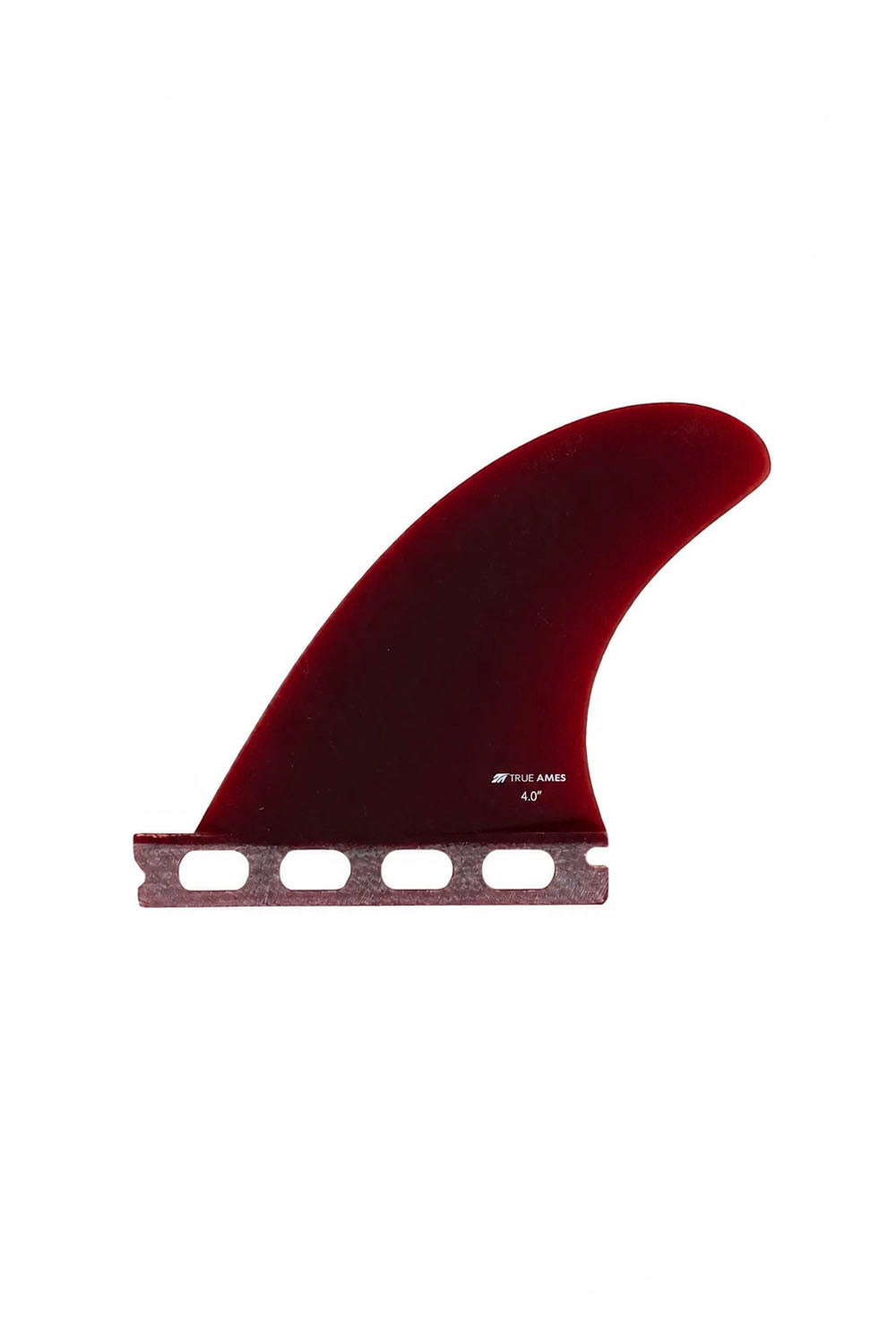 A single dark red surfboard fin stack on a plain white background, with small white printed branding and size text near the base.