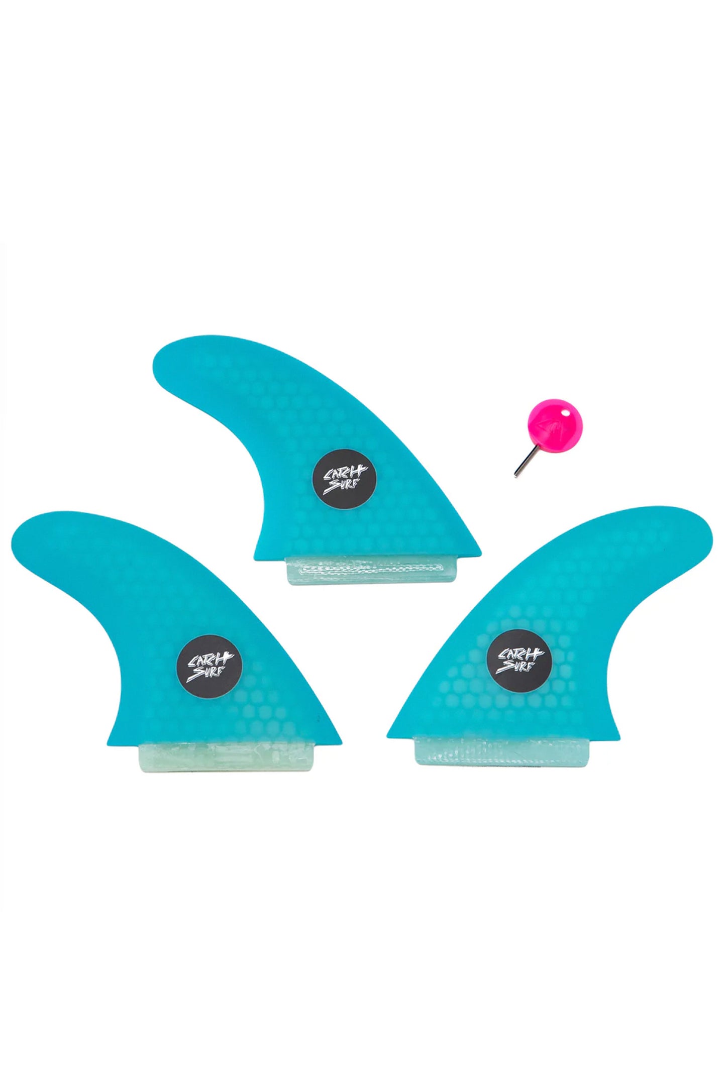 Pukas Surf Shop Catch Surf Cyan Ultra Hi-Perf tri fin set with pink key