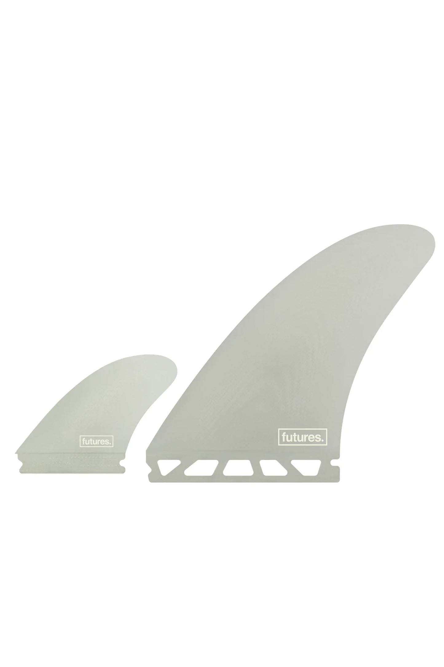 Two surfboard fins with 'Futures' branding on a white background