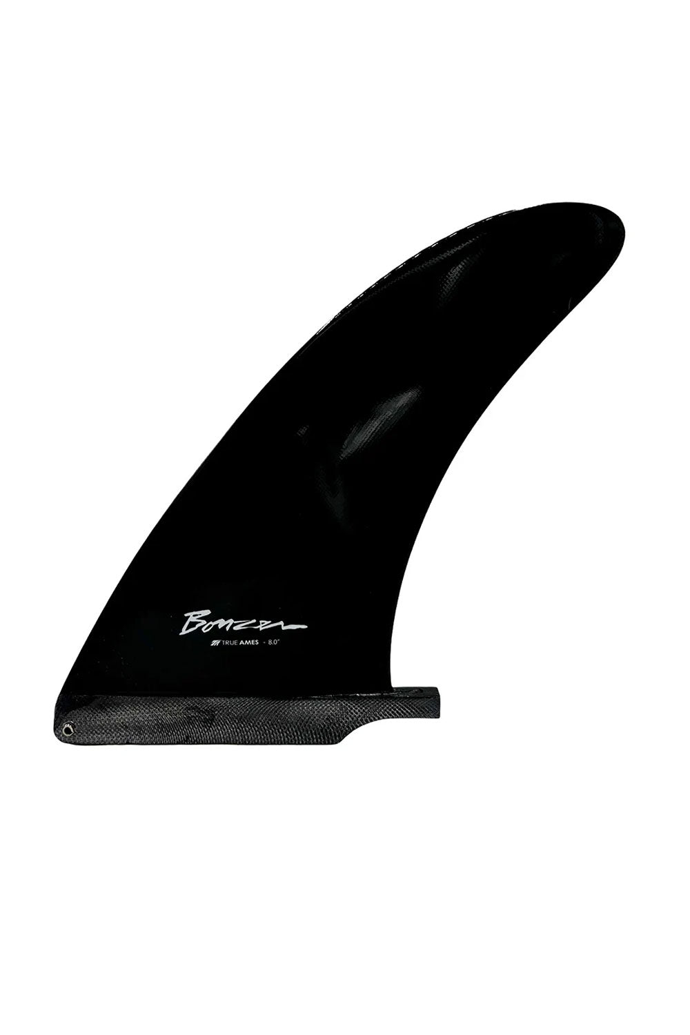 A single black surfboard fin with a white 'Bonzer' brand signature printed on the lower section, shown against a plain white background.