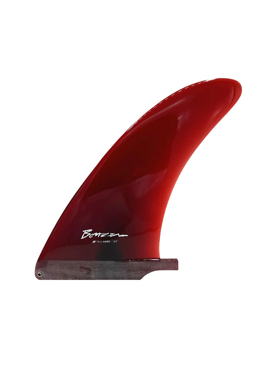 A single surfboard fin shown on a plain white background. The fin is glossy dark red with a darker gray mounting base and a small white script logo near the center.